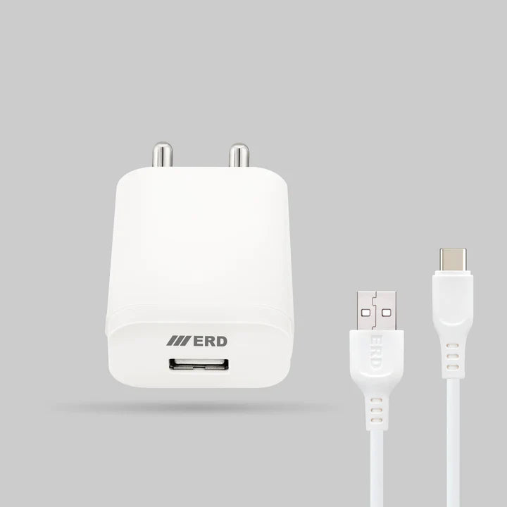 ERD TC-203 USB-A mobile charger with 12W power and USB-C data cable, compact and lightweight charging device from ERD INFOTECH.