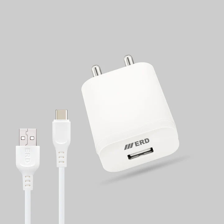 ERD TC-203 mobile USB-A charger with 12W power and USB-C data cable, compact and lightweight for convenient device charging.