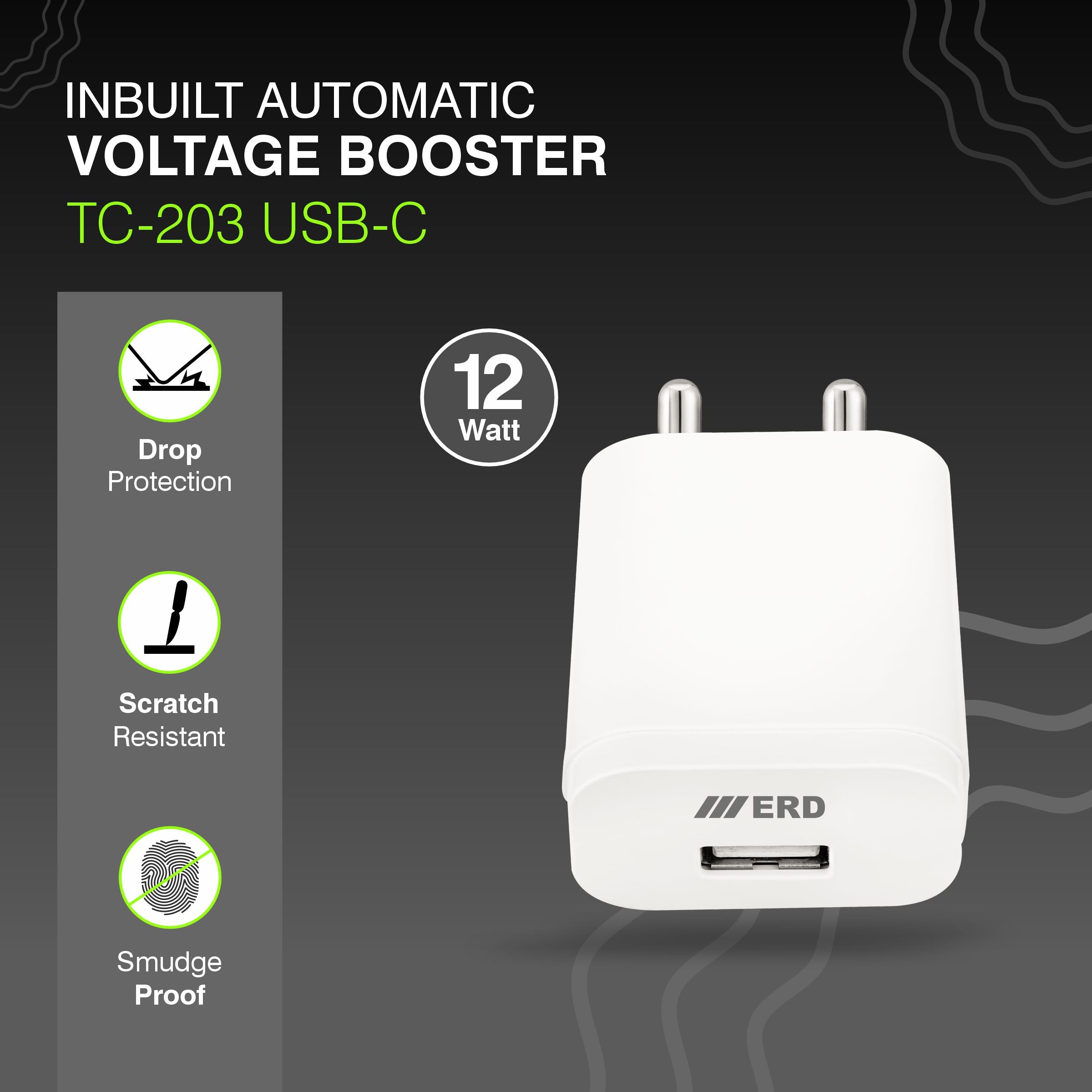 ERD TC-203 USB-A mobile charger with 12W power and included USB-C data cable, compact and portable charging solution.