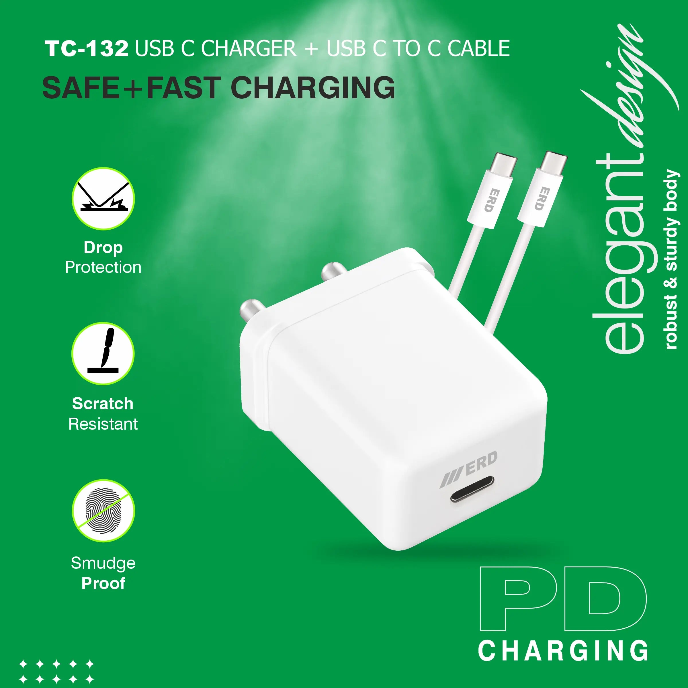 ERD TC-132 CHARGER+USB-C TO C PD WHT 25W