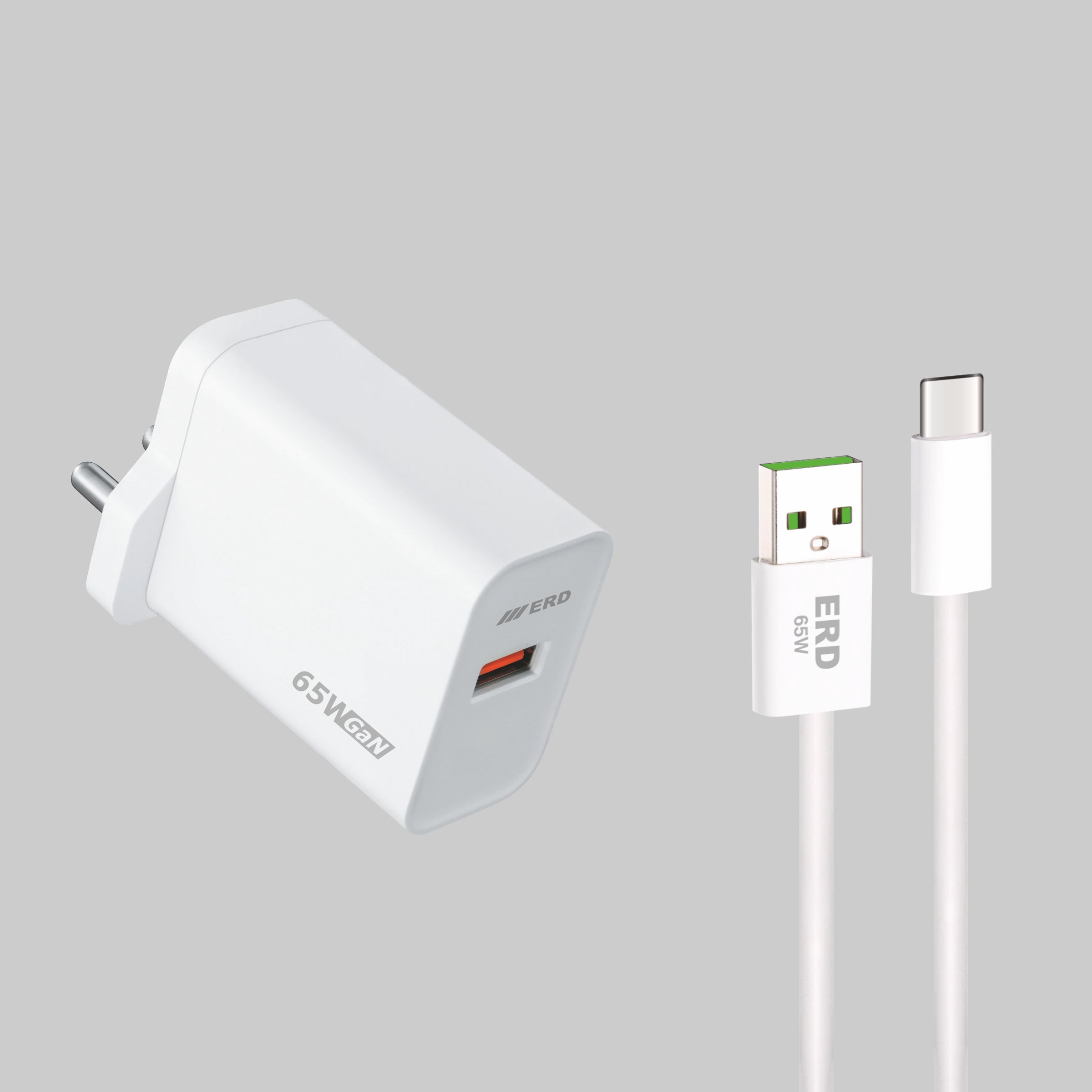White charging adapter and cable with 'ERD' branding on a gray background