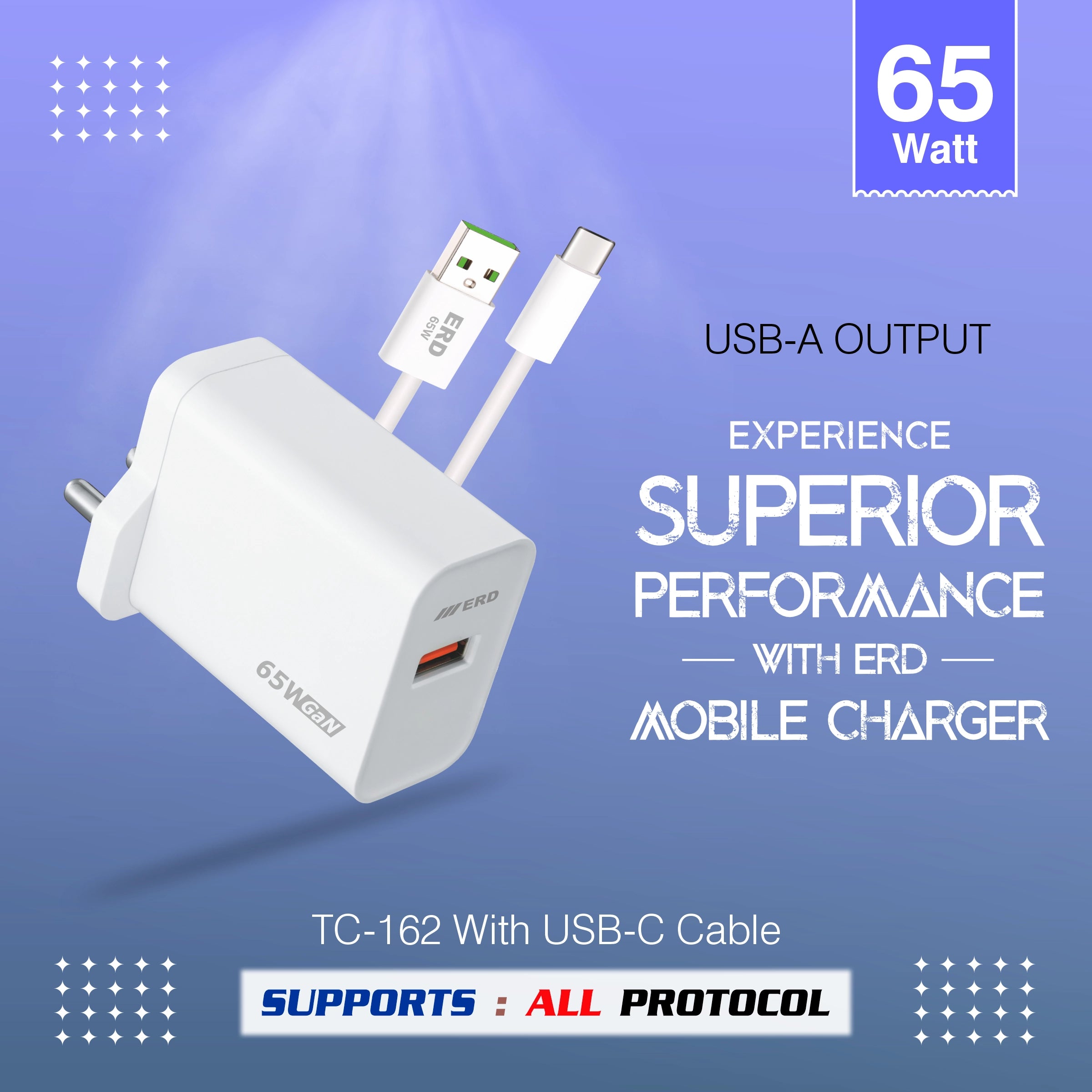 White USB charger with cable on a blue background, featuring text about power output and compatibility.