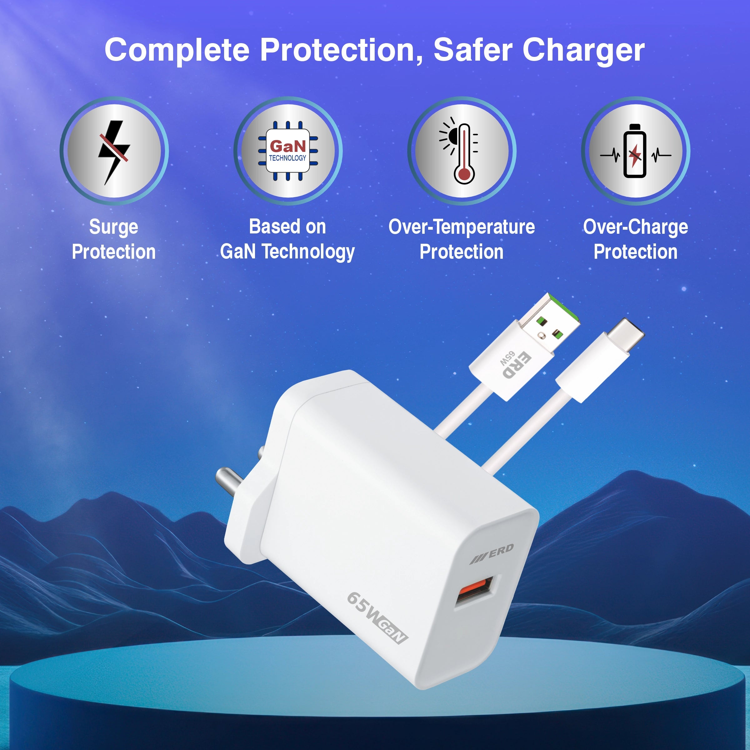 White charger with USB cable on a blue background, featuring protection icons.