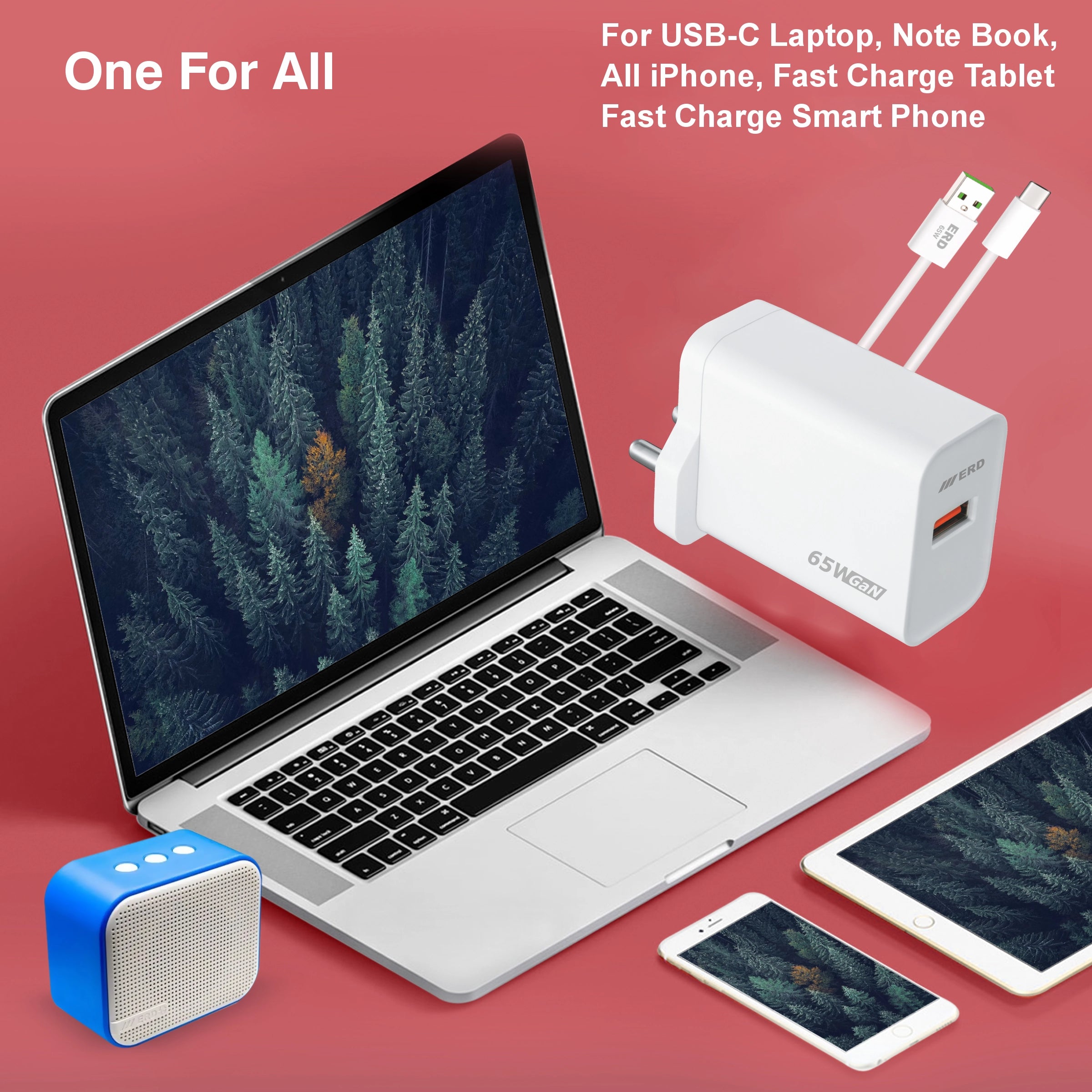 Laptop, smartphone, tablet, and blue speaker with a white charging adapter on a red background.