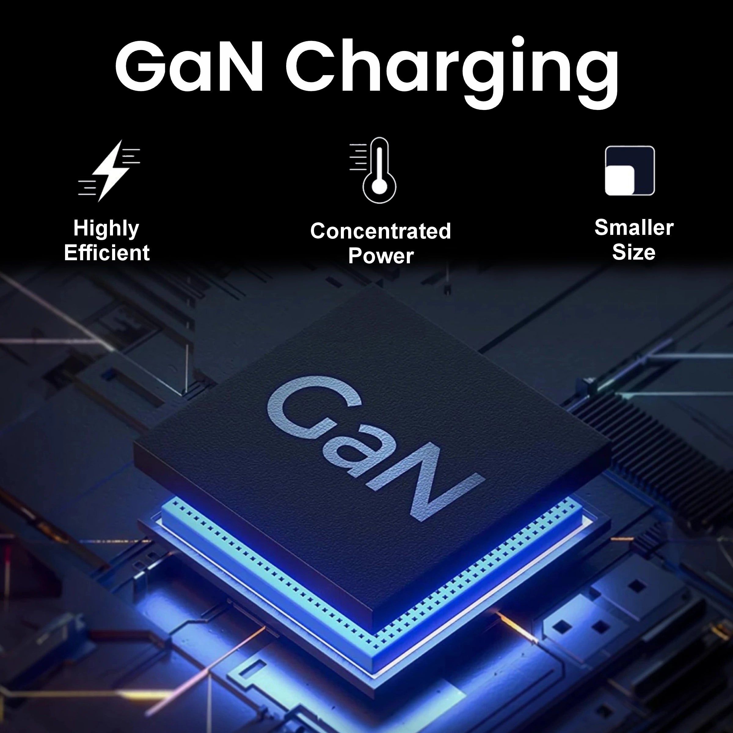 GaN charging technology with features highlighted on a dark background