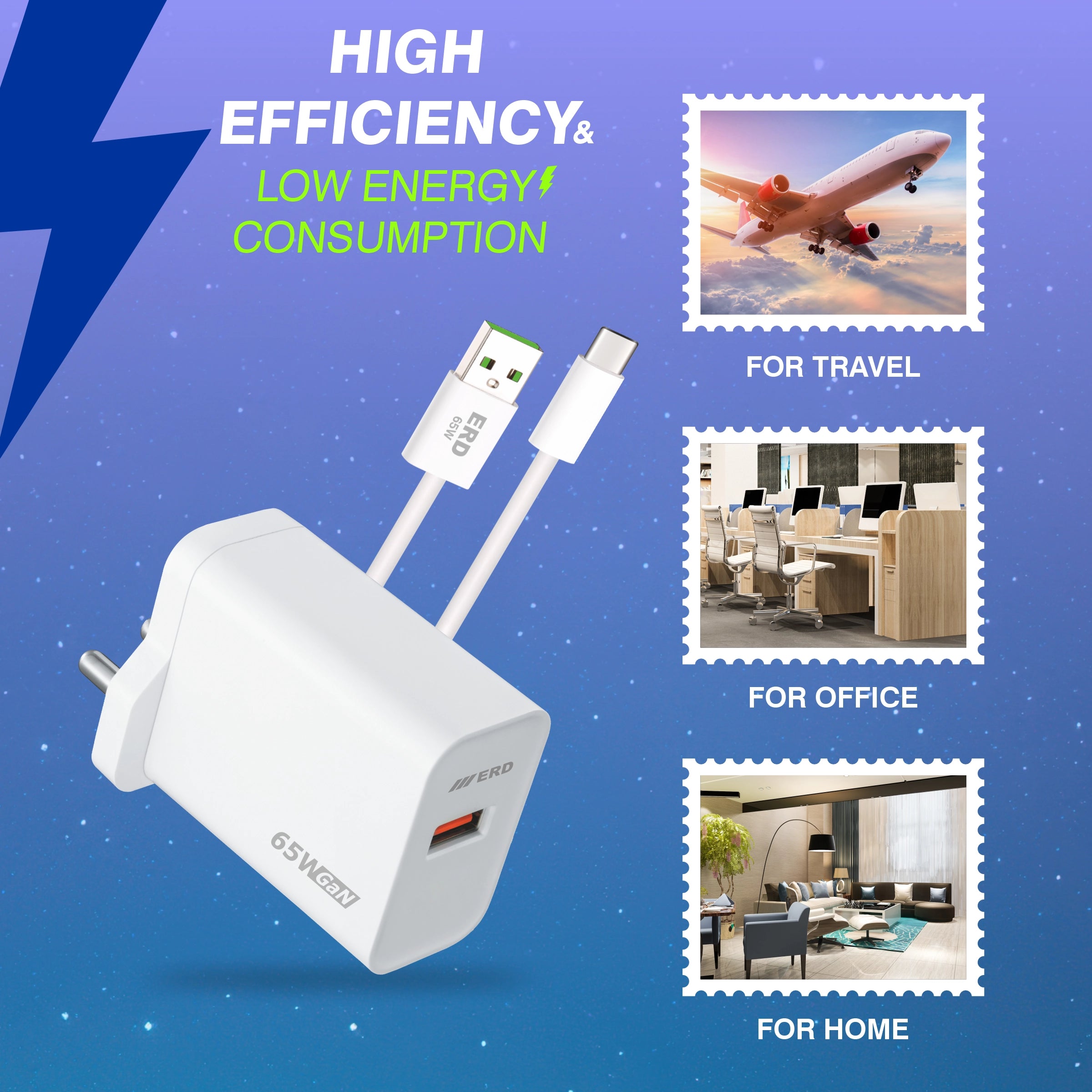 White power adapter with USB cable on a blue background with text about efficiency and energy consumption.