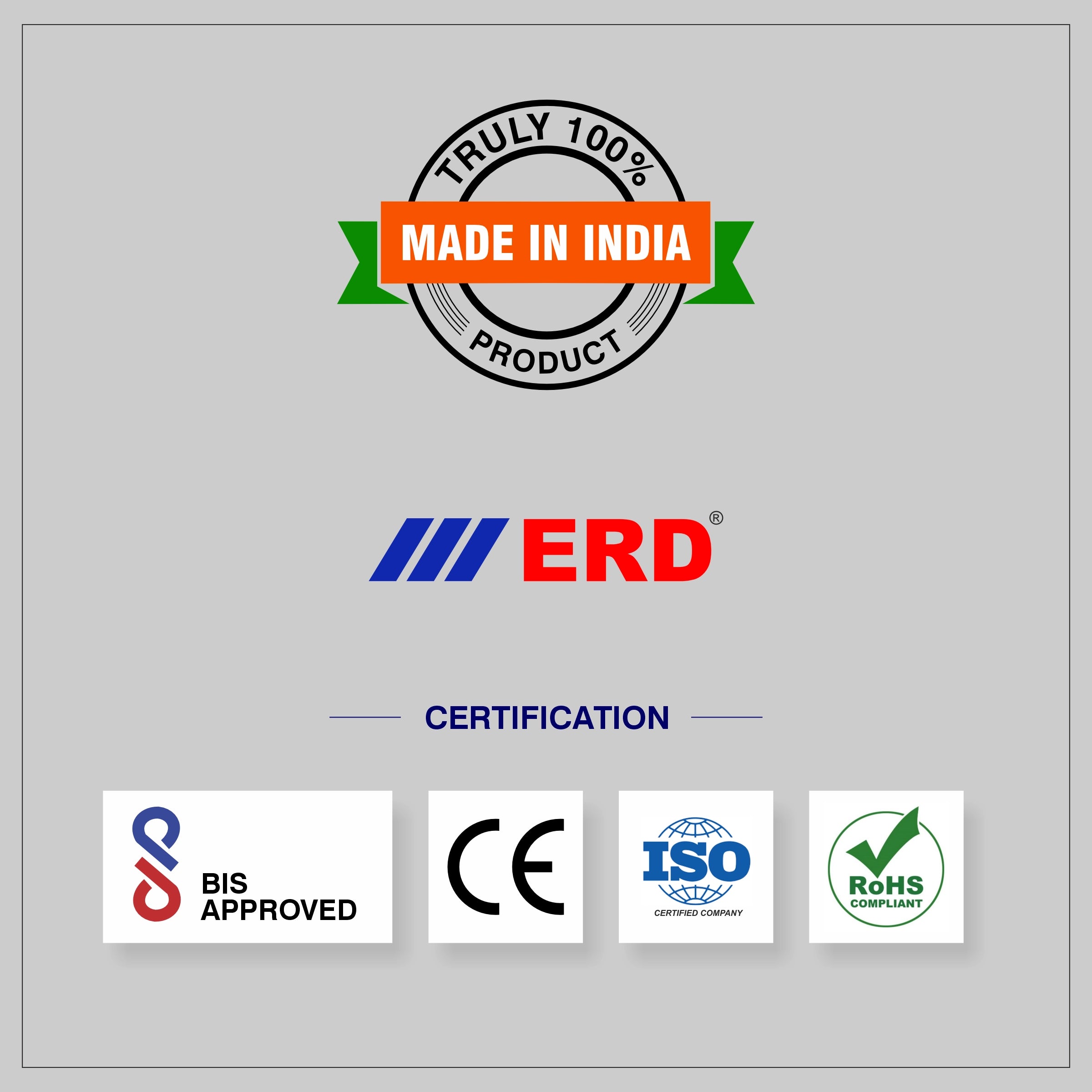 Made in India product label with ERD certification and various certification logos on a gray background