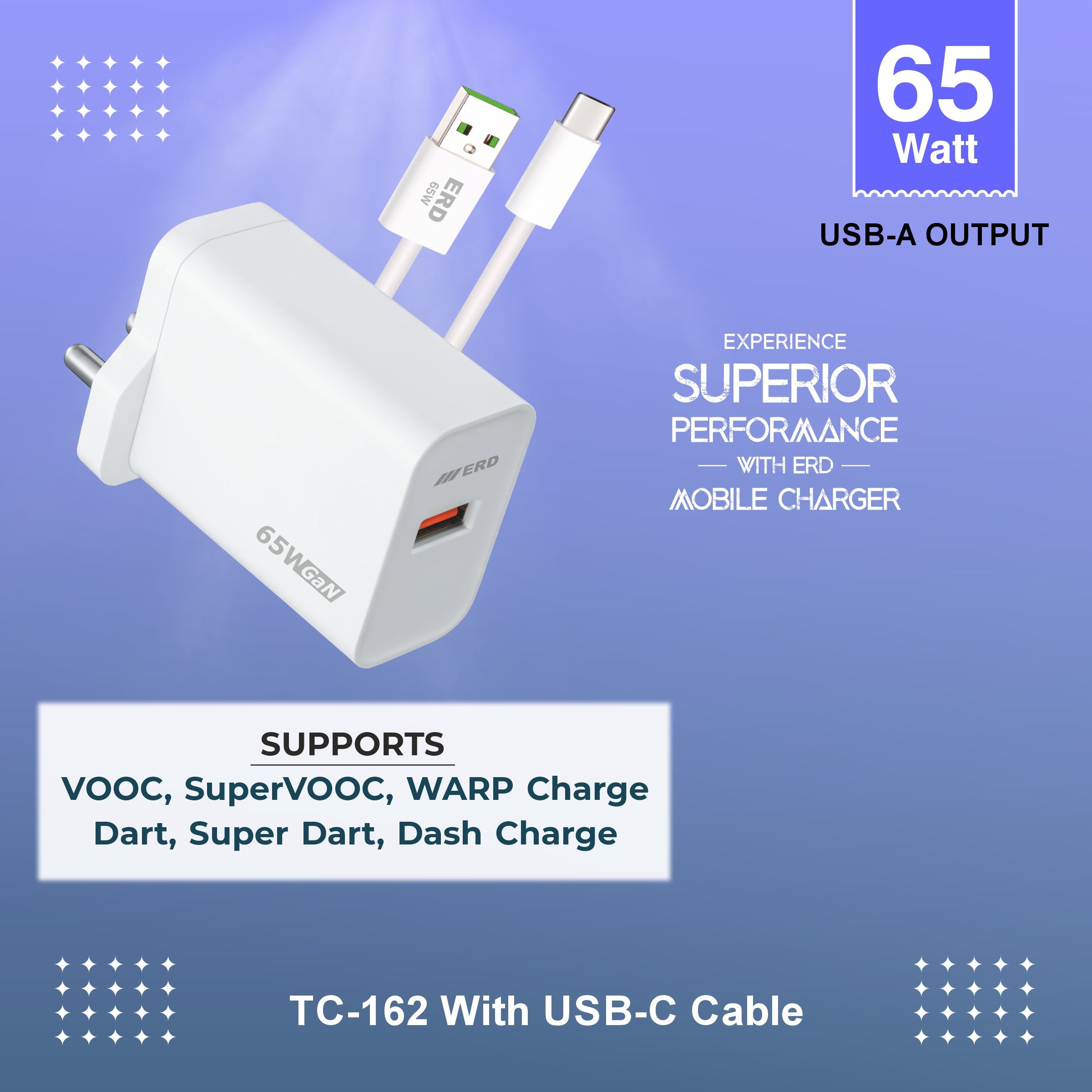 ERD TC-162 USB-A GaN Charger With USB-C Cable, 65W