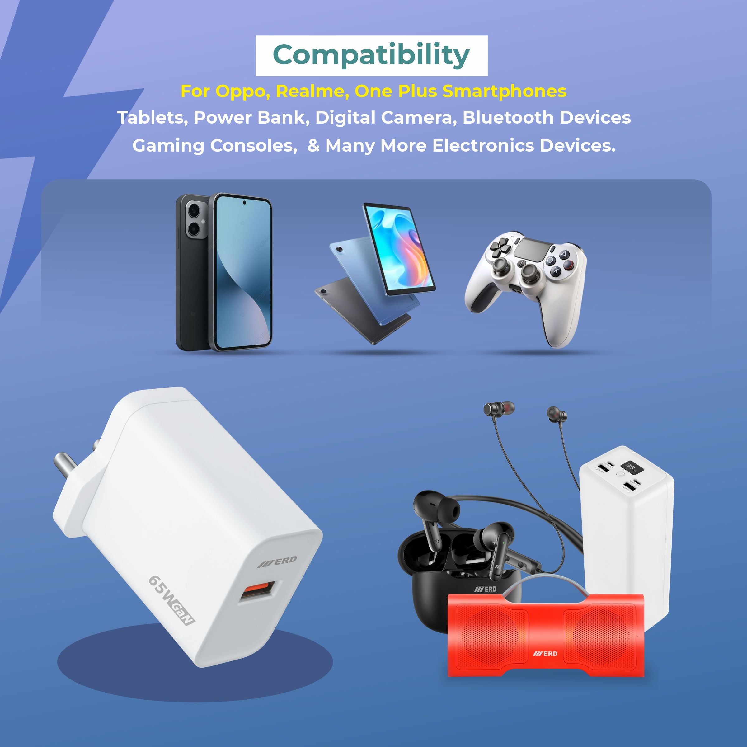 ERD TC-162 USB-A GaN Charger With USB-C Cable, 65W