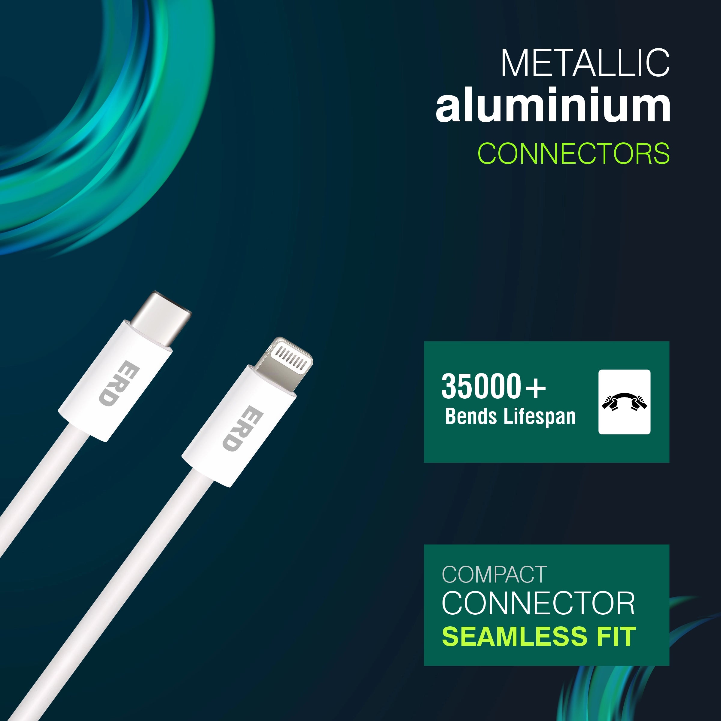 White cable with metallic connectors on a dark blue background, featuring text about connector lifespan and design.