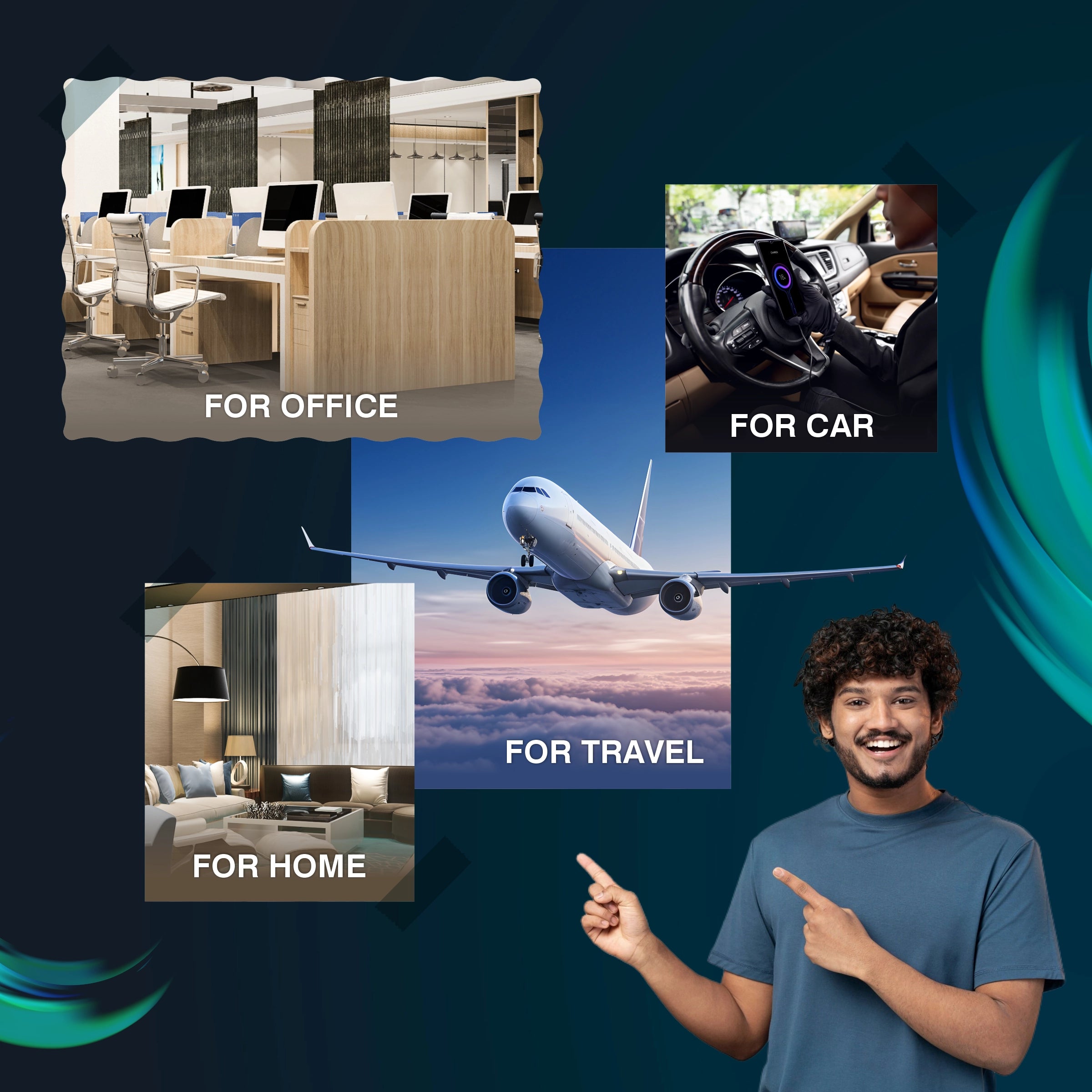 Man pointing to images labeled 'For Office', 'For Car', 'For Travel', and 'For Home' with corresponding scenes.