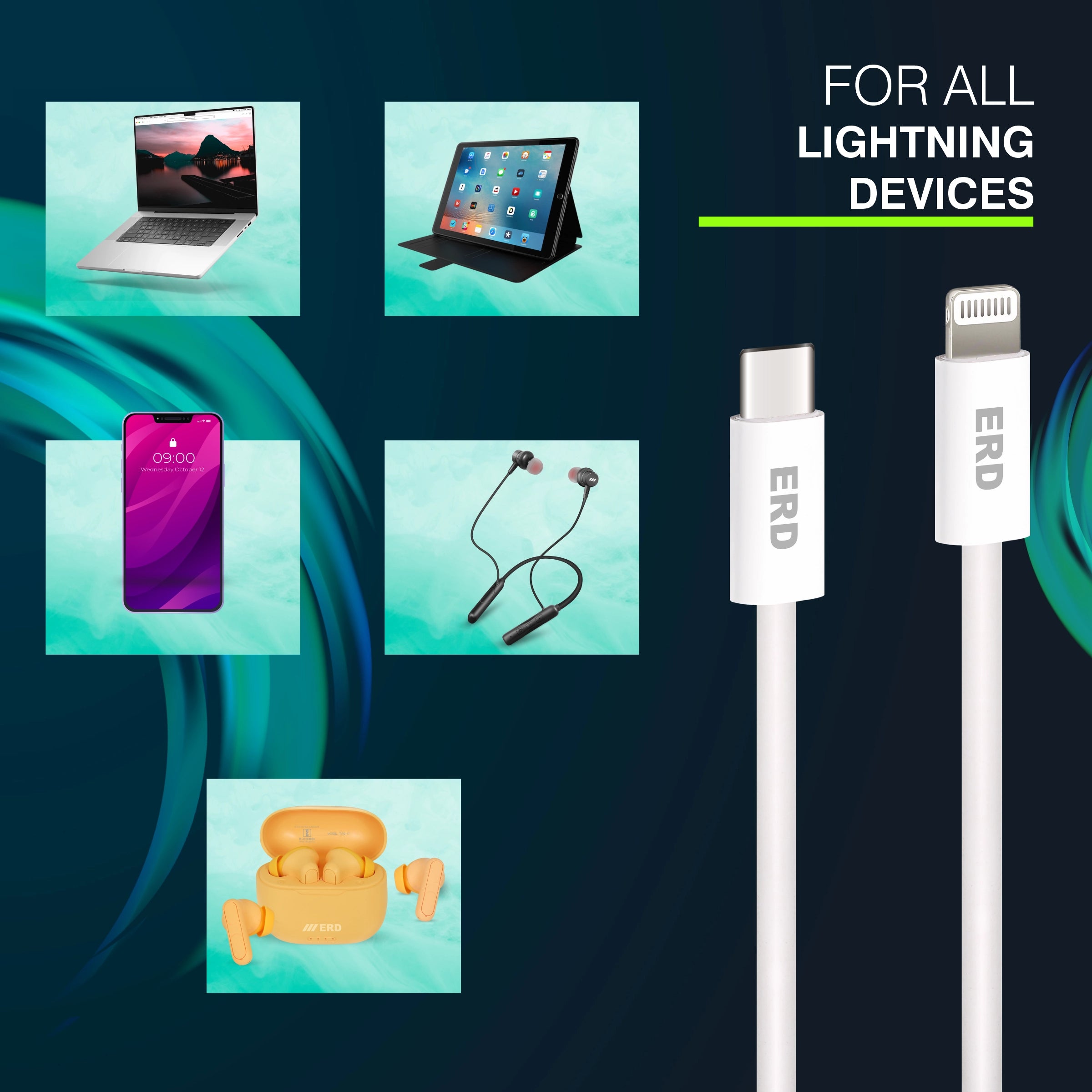 Lightning cable with electronic devices on a dark blue background