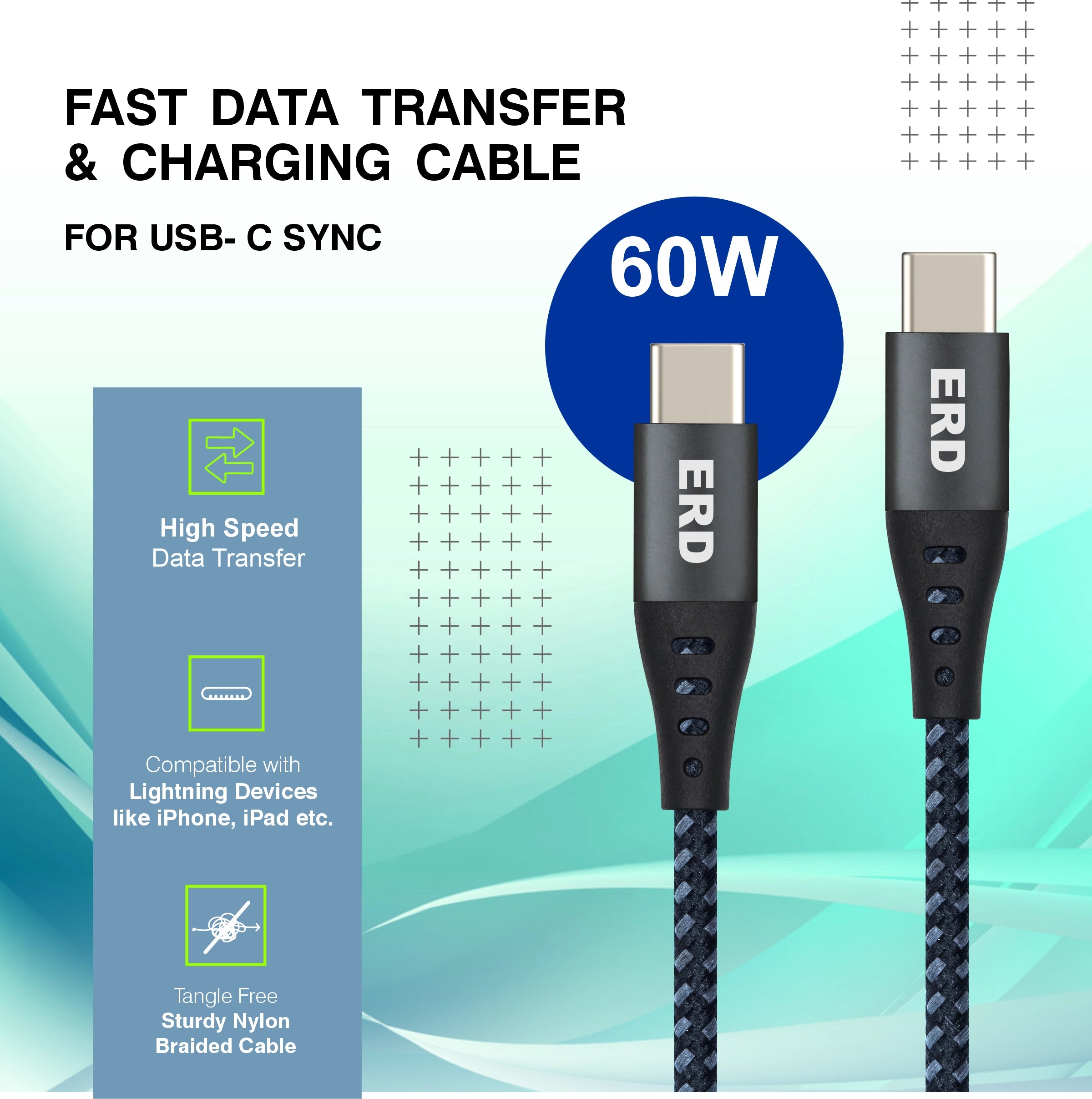 Fast data transfer and charging cable for USB-C sync with ERD branding on a colorful background.
