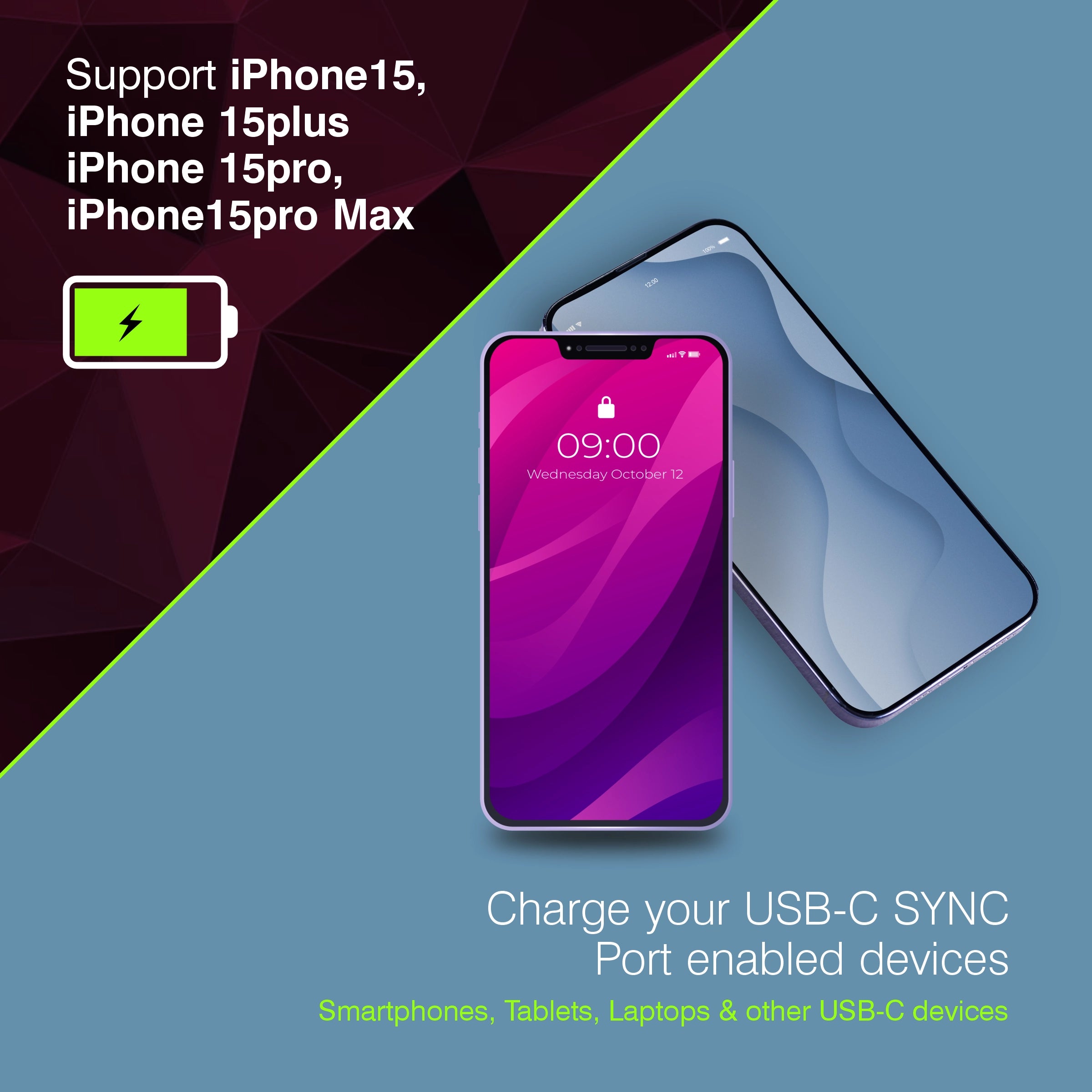 Smartphone with a charging icon and text about supporting iPhone models and charging USB-C devices.
