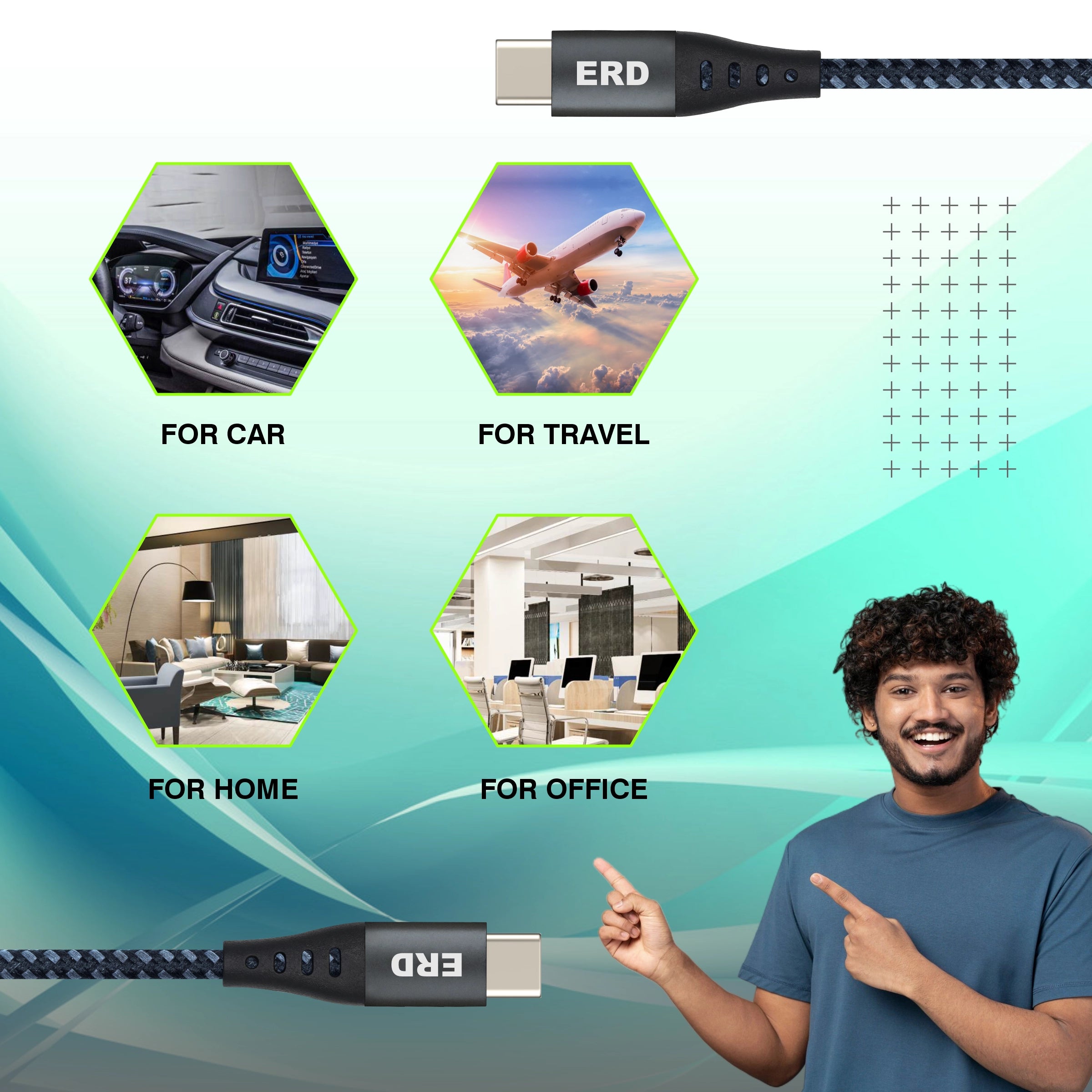 Product advertisement with a man pointing to different uses of the product on a green and blue gradient background.