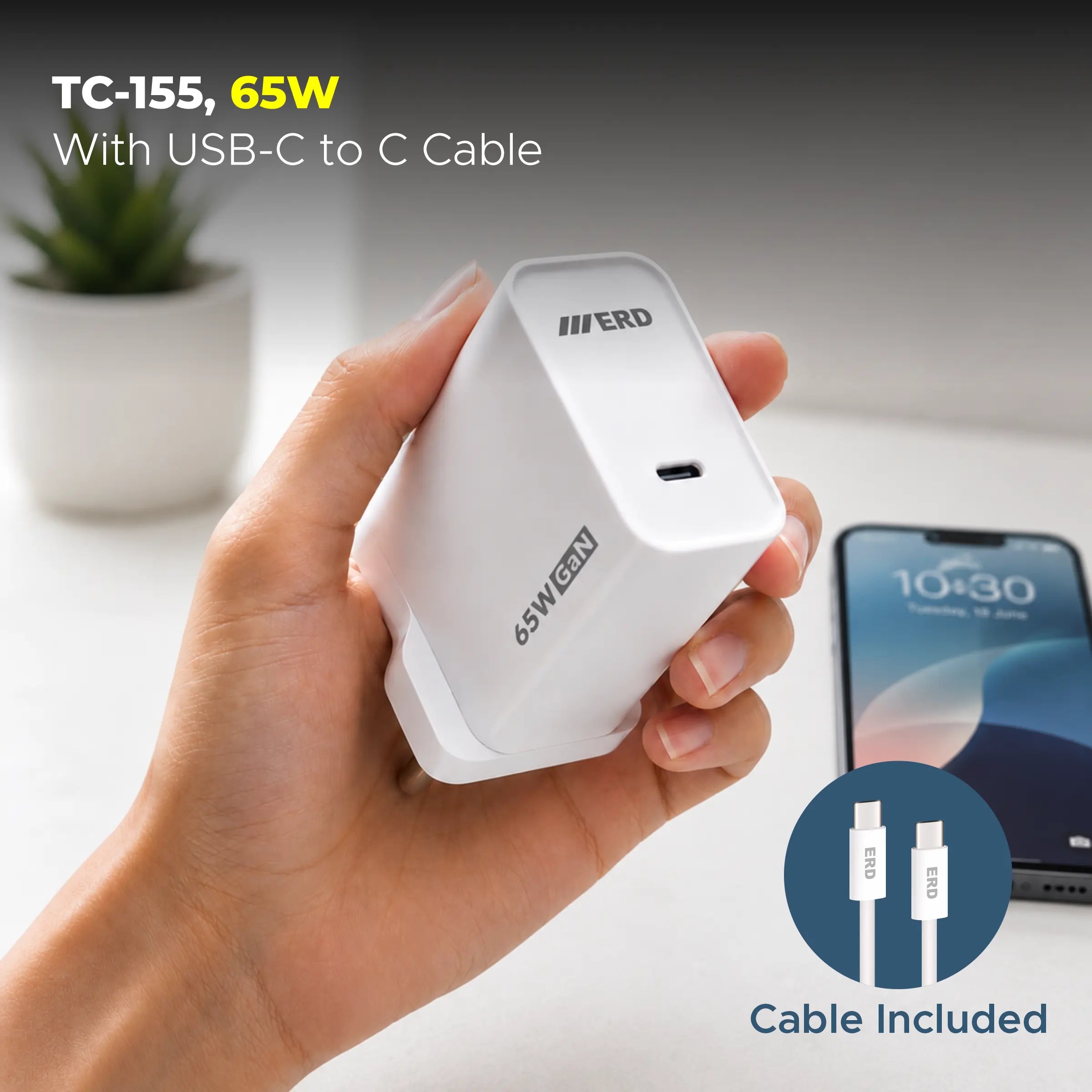 TC-155 USB-C GaN Charger, 65W WIth C to C Cable