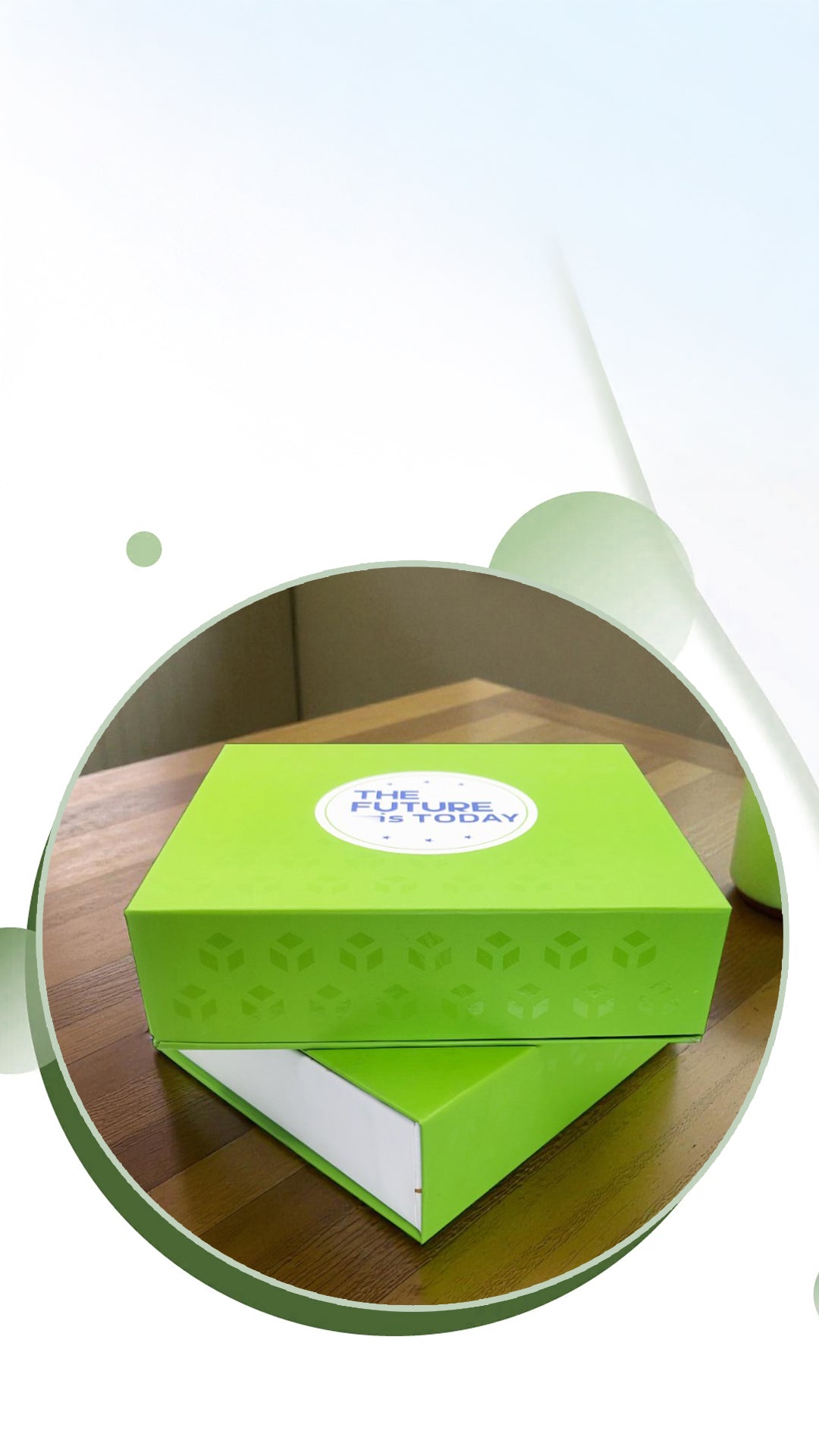 Green box with a white label on a wooden surface