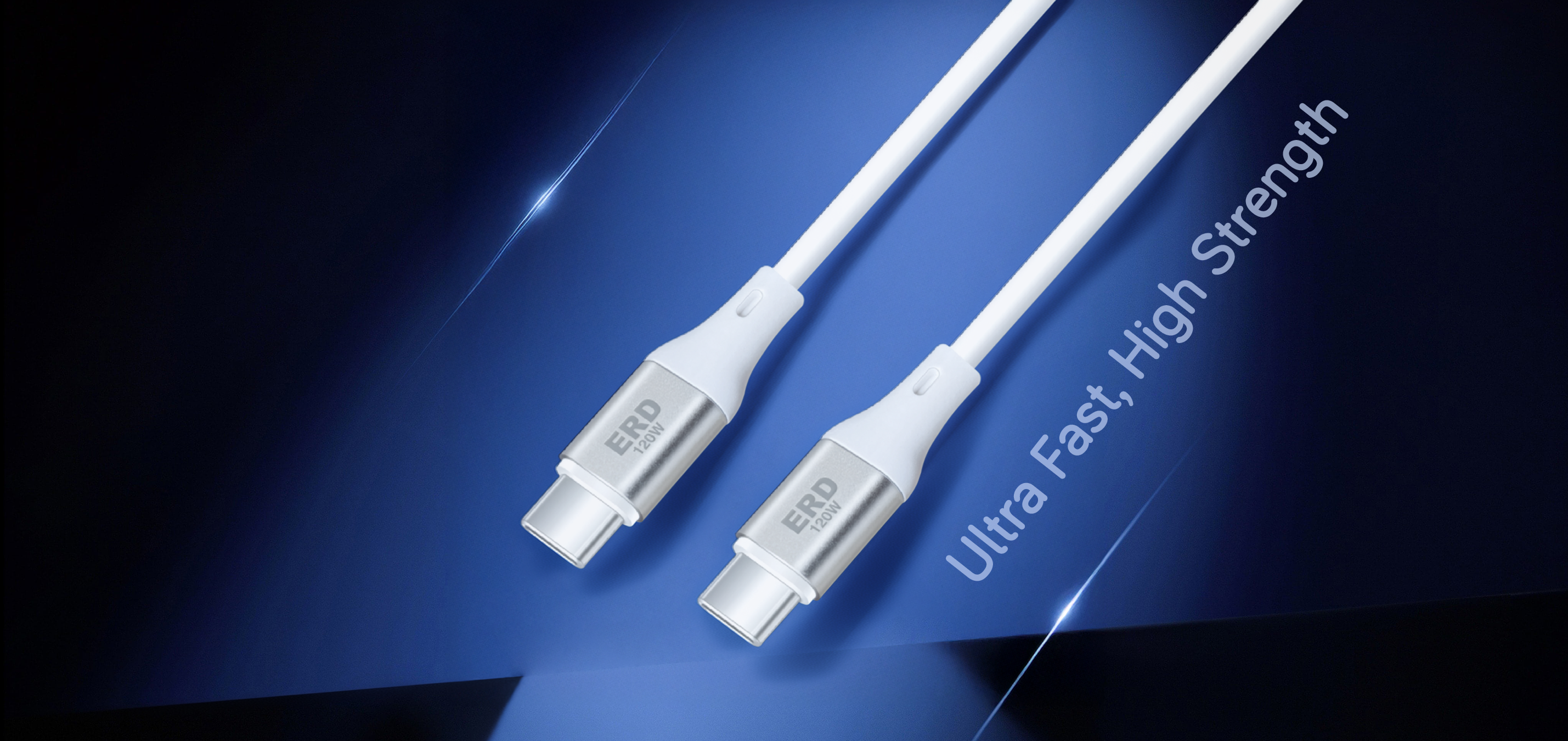 Two white USB cables on a blue gradient background with 'Ultra Fast, High Strength' text.