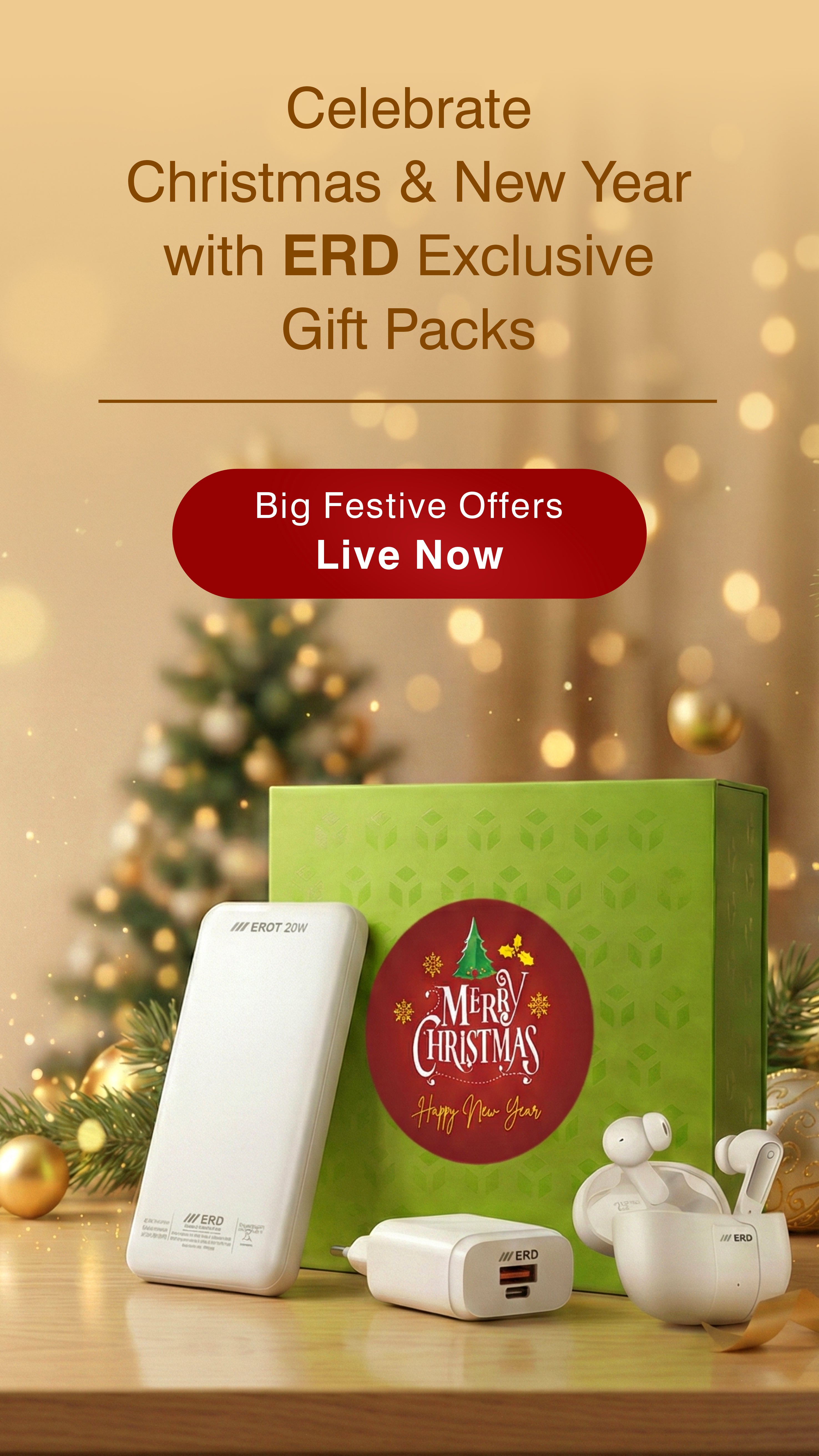 Gift pack with Christmas-themed design on a wooden surface with a festive background.