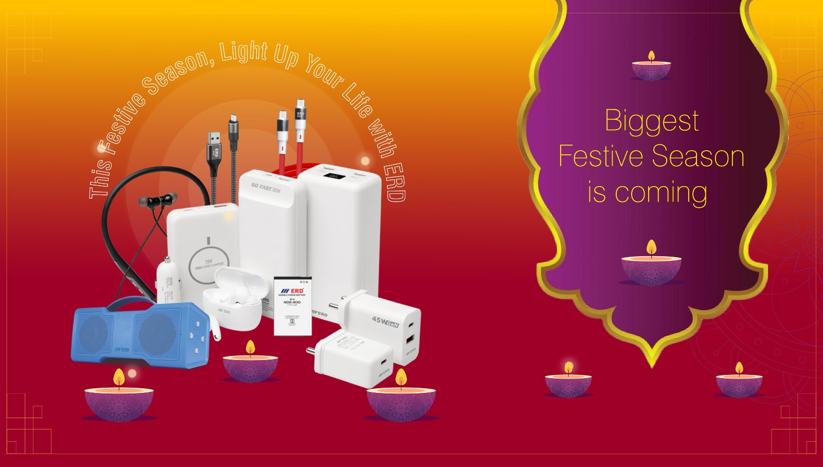 Product display with text about the festive season on a red and orange gradient background