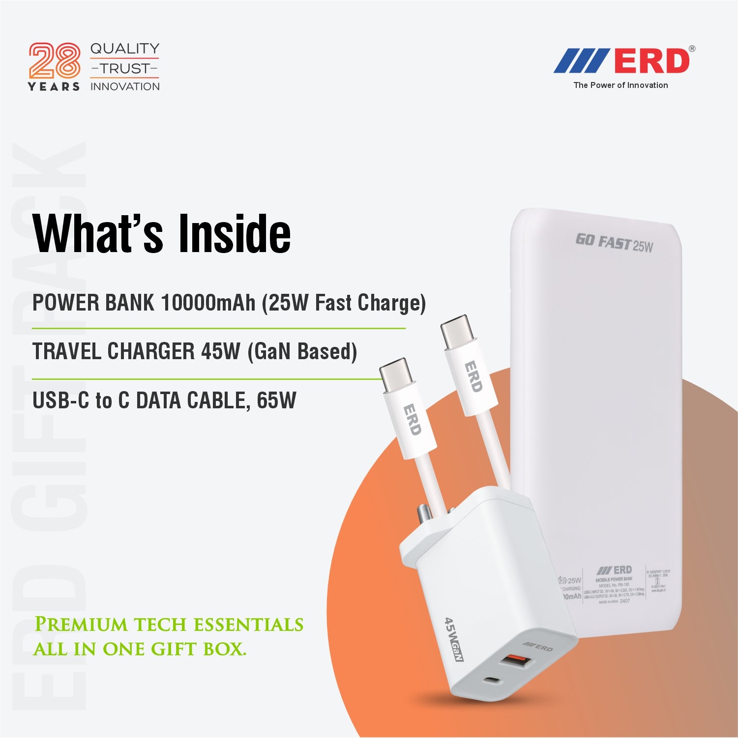 ERD power bank, travel charger, and USB-C cable on a white background with product details.