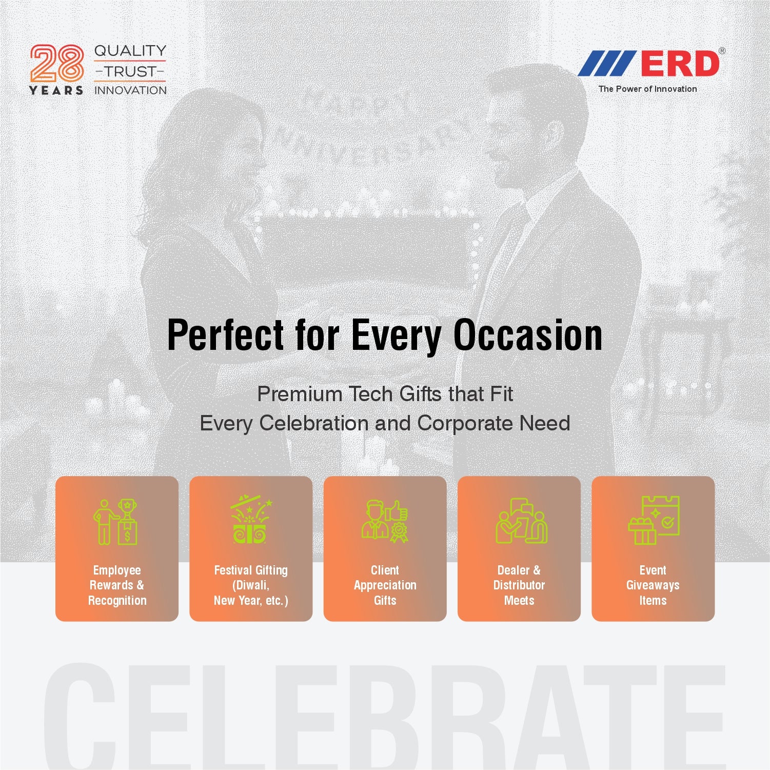 Advertisement for ERD with silhouettes of people and text about premium tech gifts.