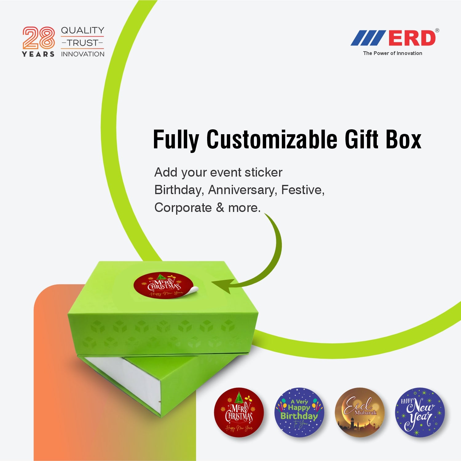 Green customizable gift box with event stickers on a white background, featuring ERD logo.