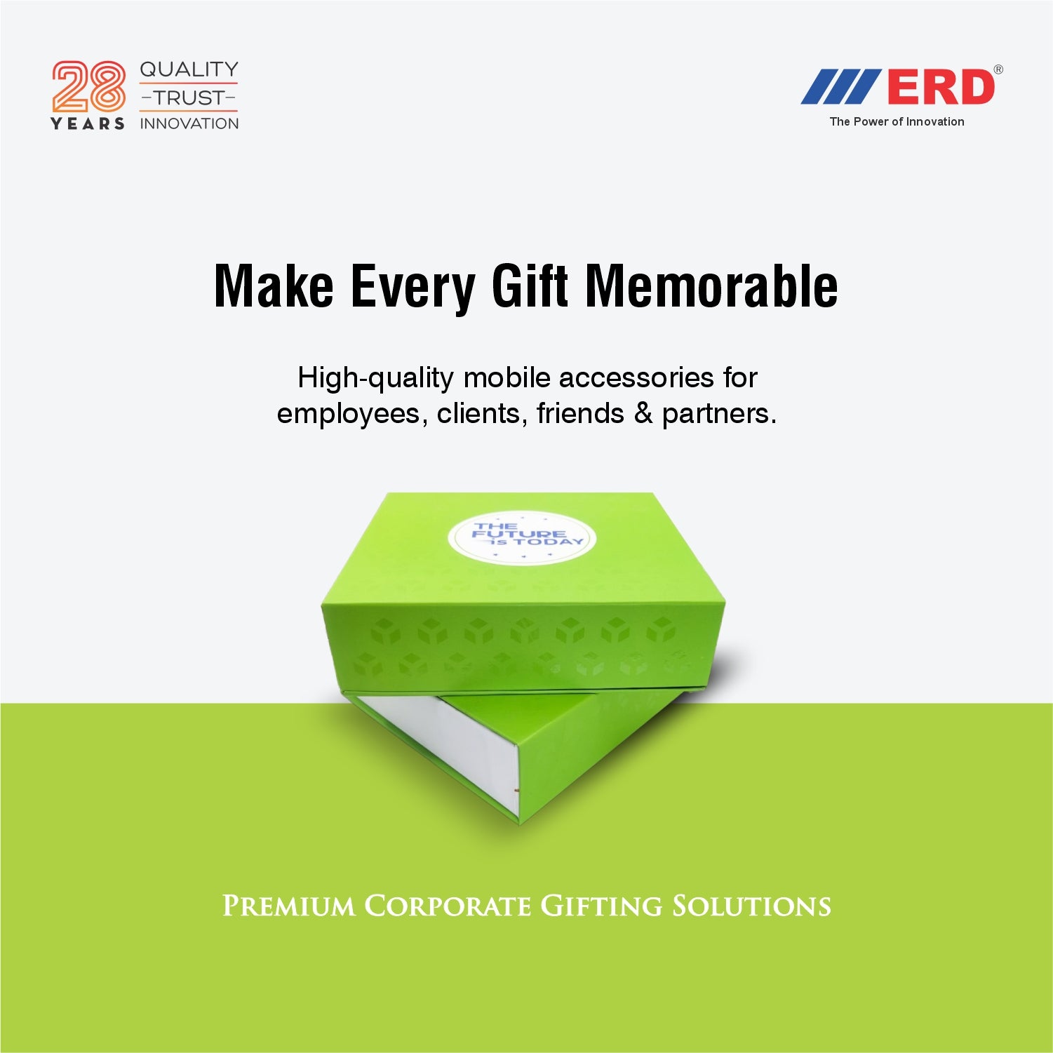Green gift box with text about high-quality mobile accessories for gifting solutions on a white and green background.