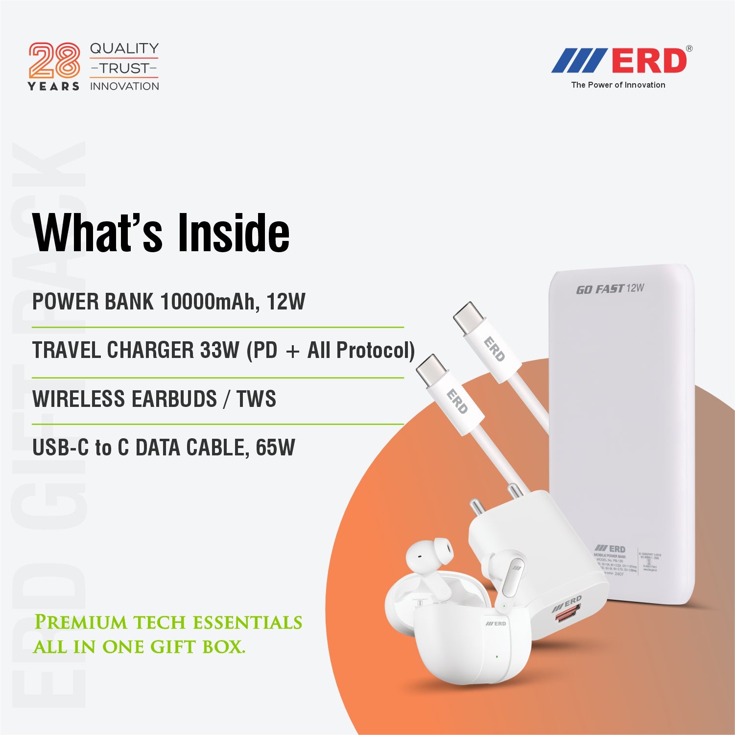 Tech gift set with power bank, travel charger, wireless earbuds, and USB-C cable on a white background with ERD branding.