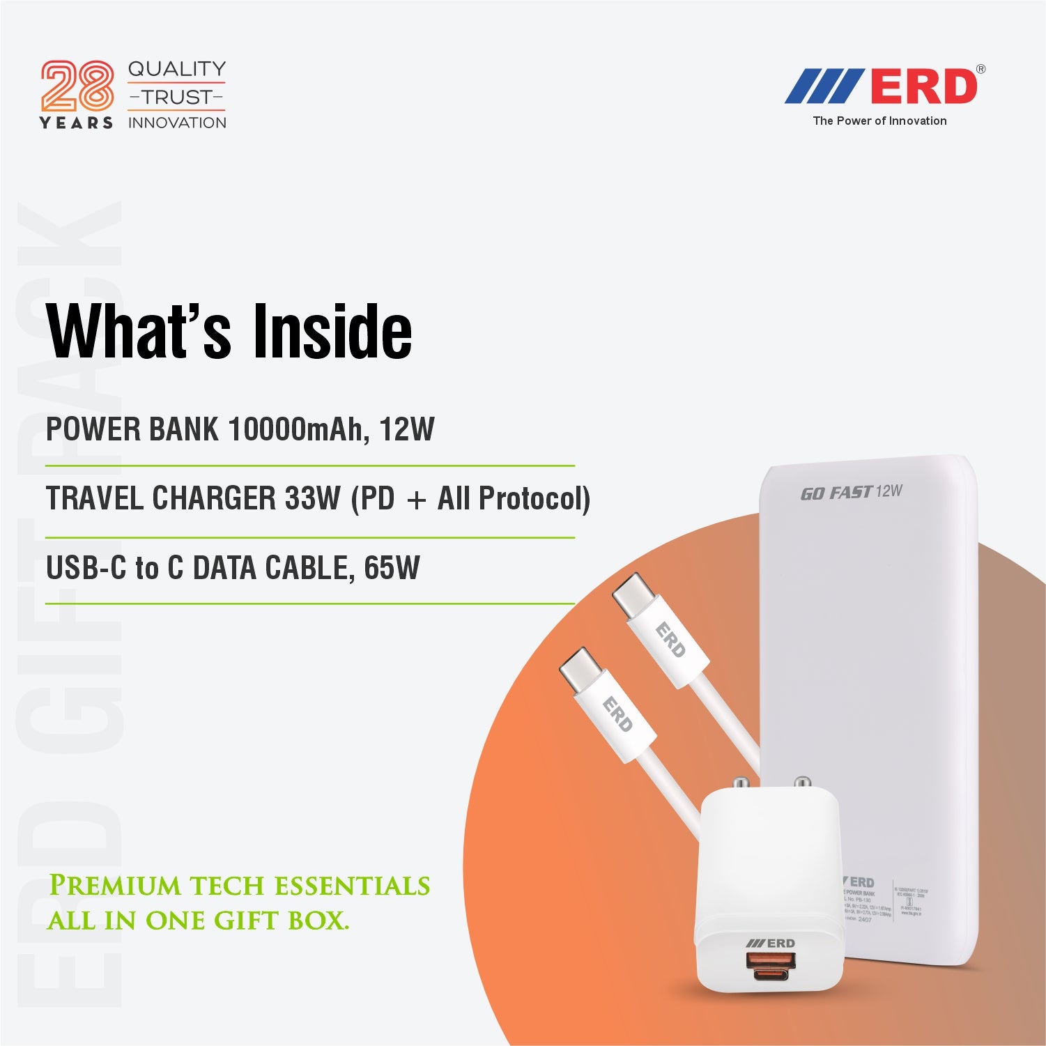 ERD power bank, travel charger, and data cable set with product details on a white background.