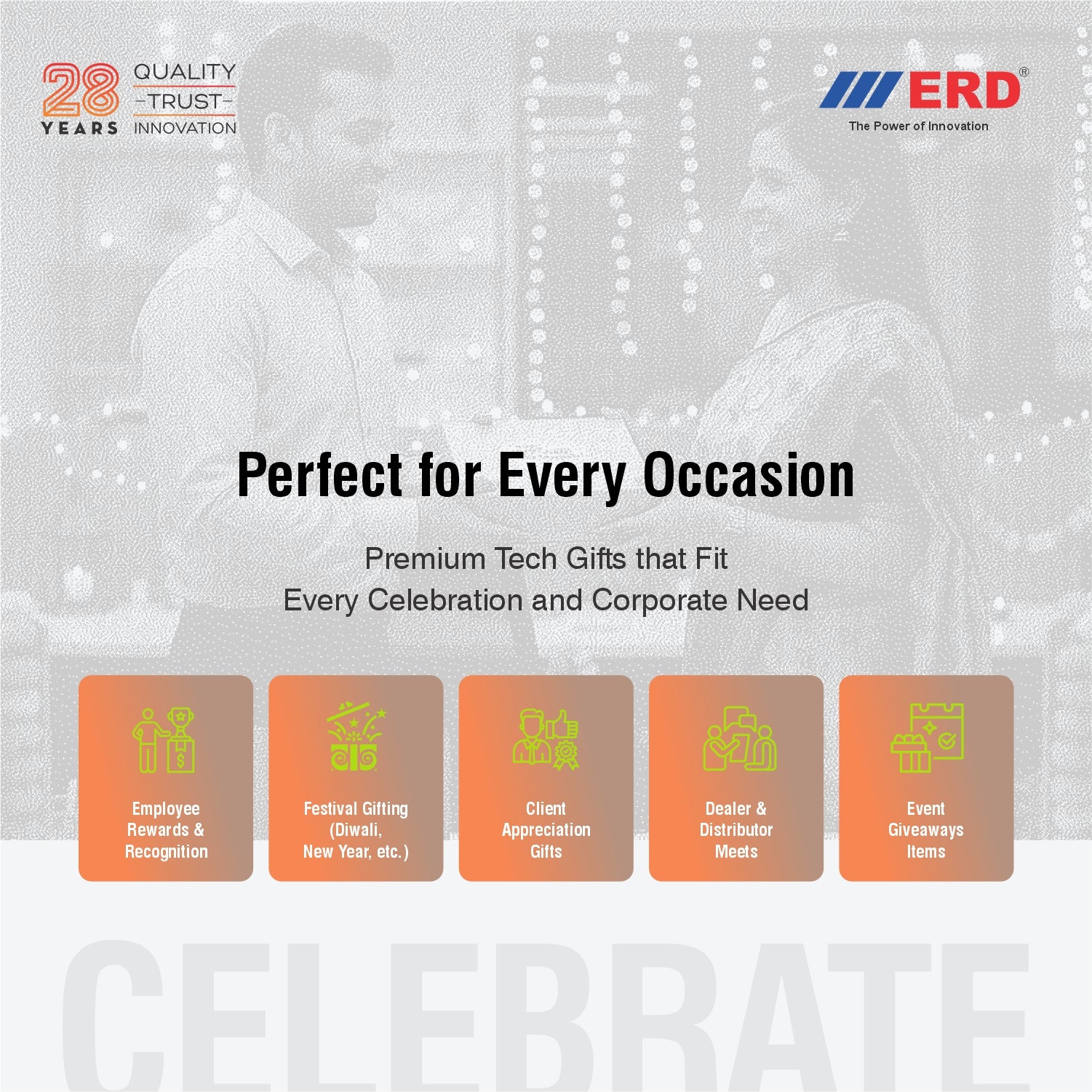 Advertisement for ERD with text 'Perfect for Every Occasion' and product categories on a gray background.
