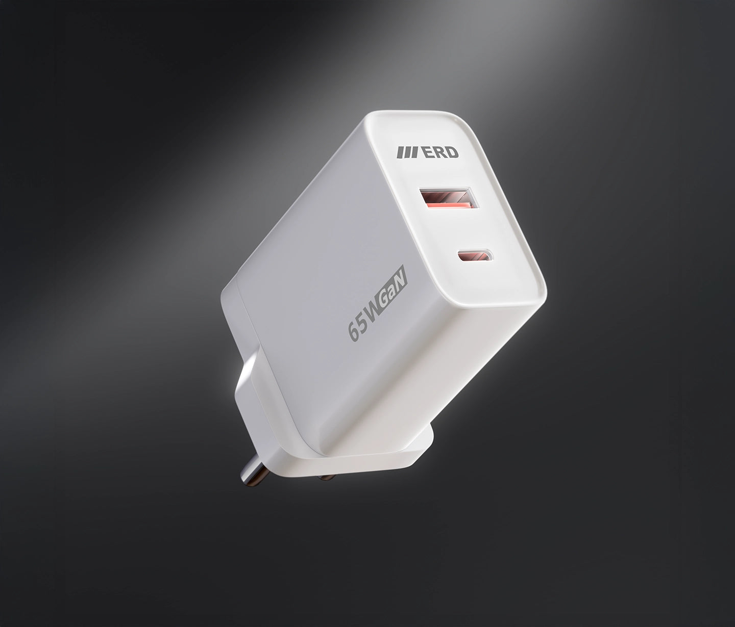 White USB charger with dual ports on a dark background