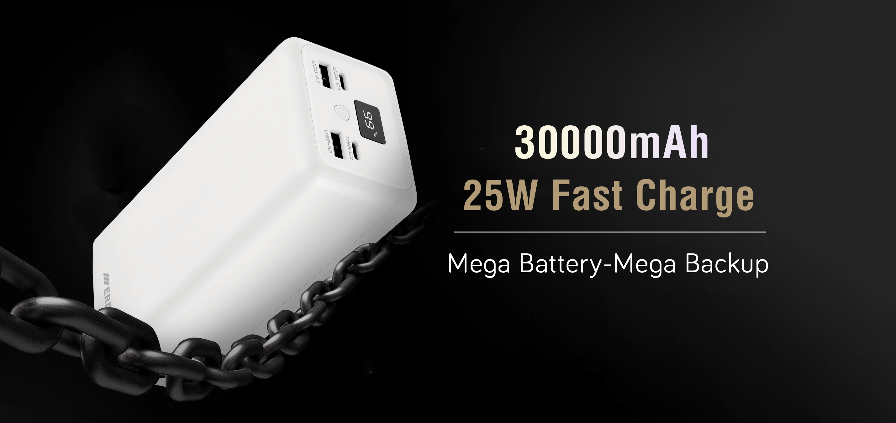 White power bank with 30000mAh capacity and 25W fast charge on a black background