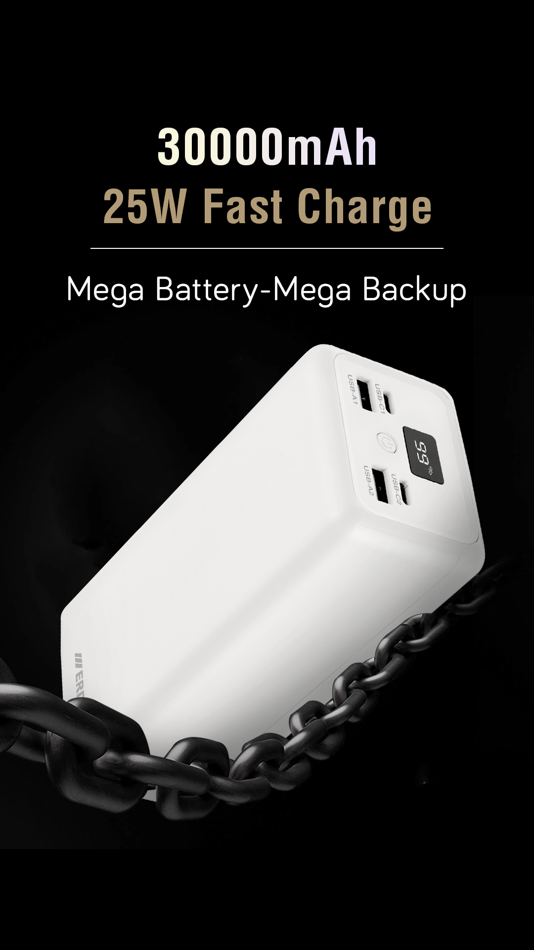 White power adapter with charging cables on a black background, featuring text about battery capacity and fast charge.