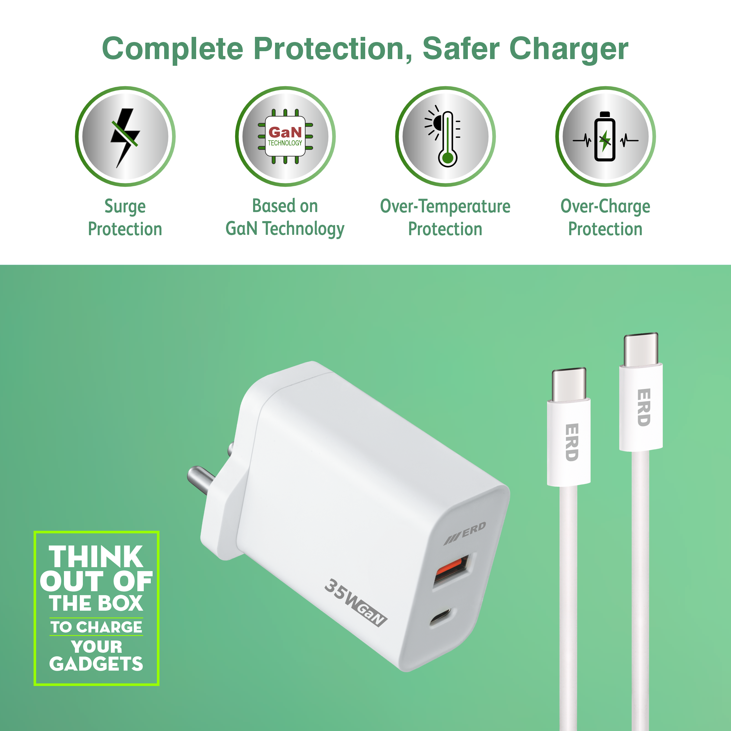 ERD TC-142 Charger With USB-C to C PD Cable White ,35W