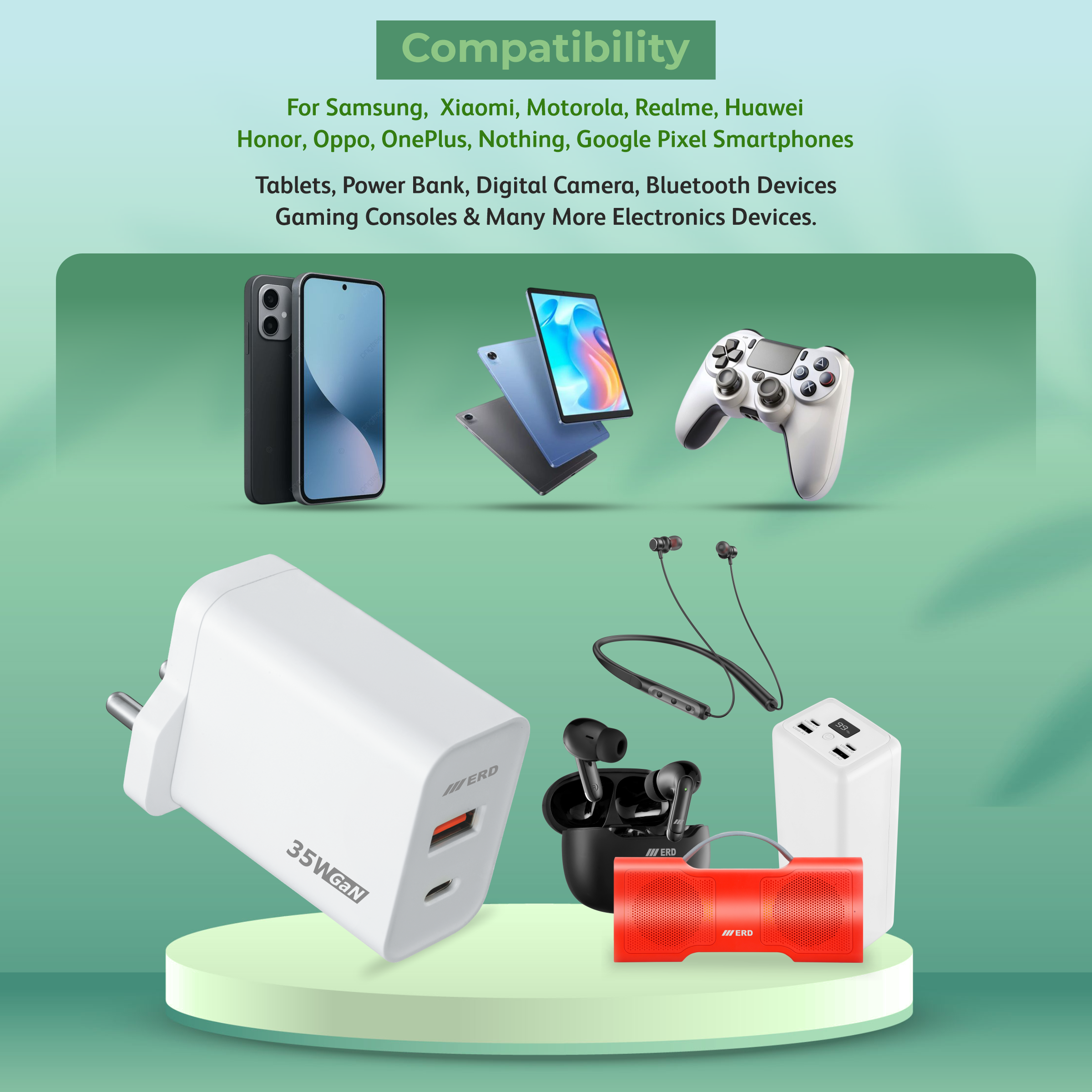 ERD TC-142 Charger With USB-C to C PD Cable White ,35W