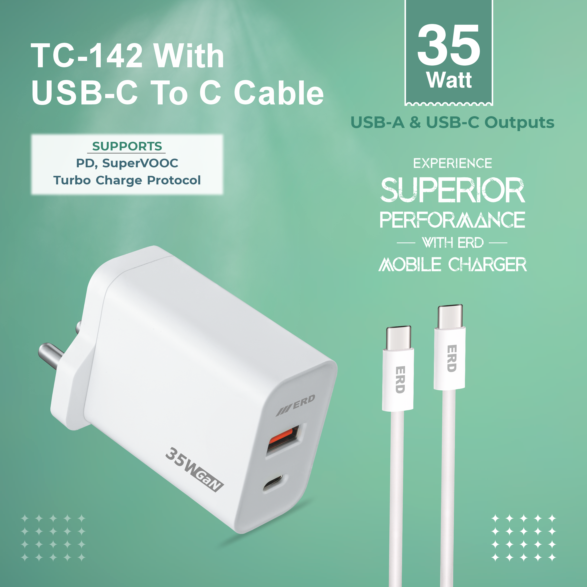 ERD TC-142 Charger With USB-C to C PD Cable White ,35W