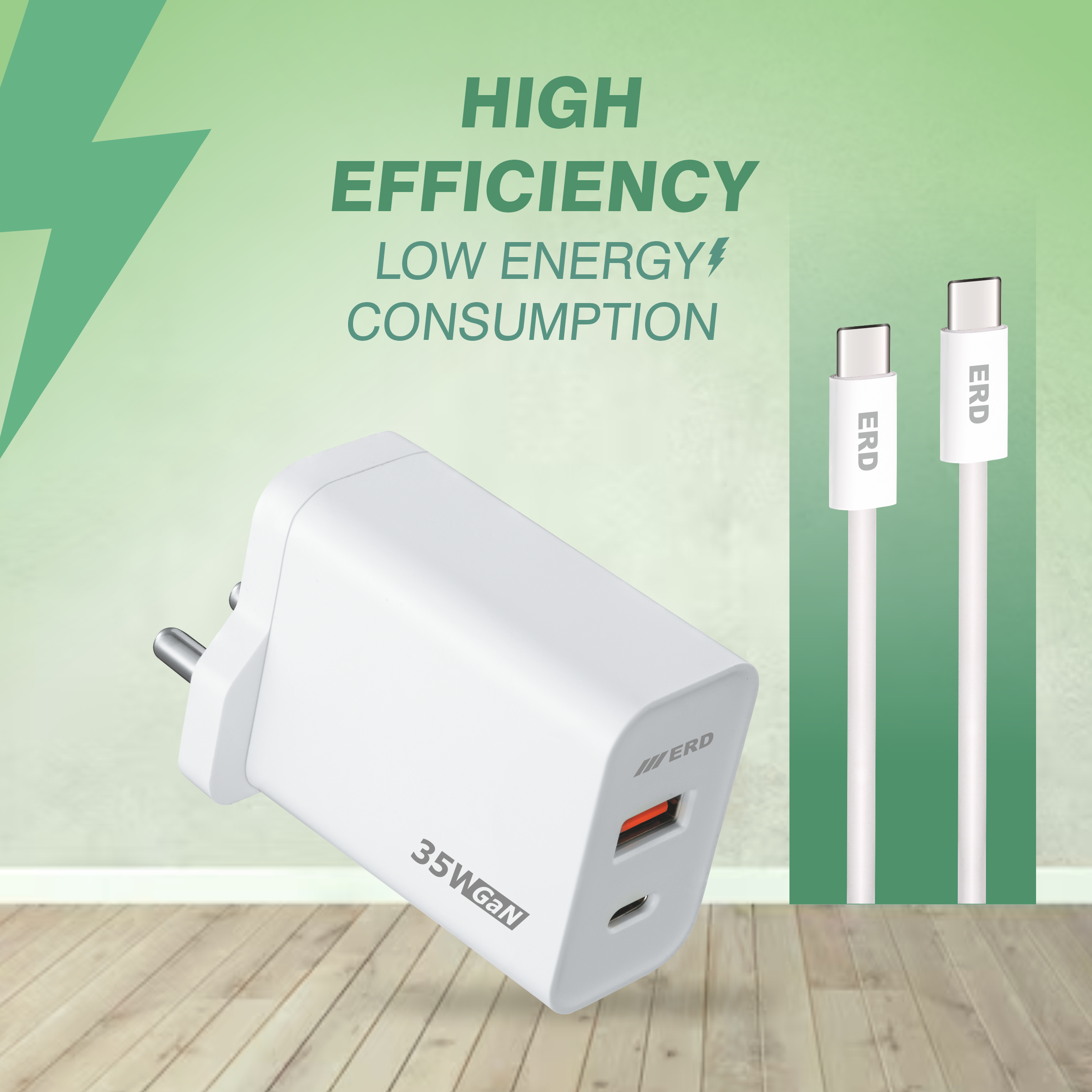ERD TC-142 Charger With USB-C to C PD Cable White ,35W