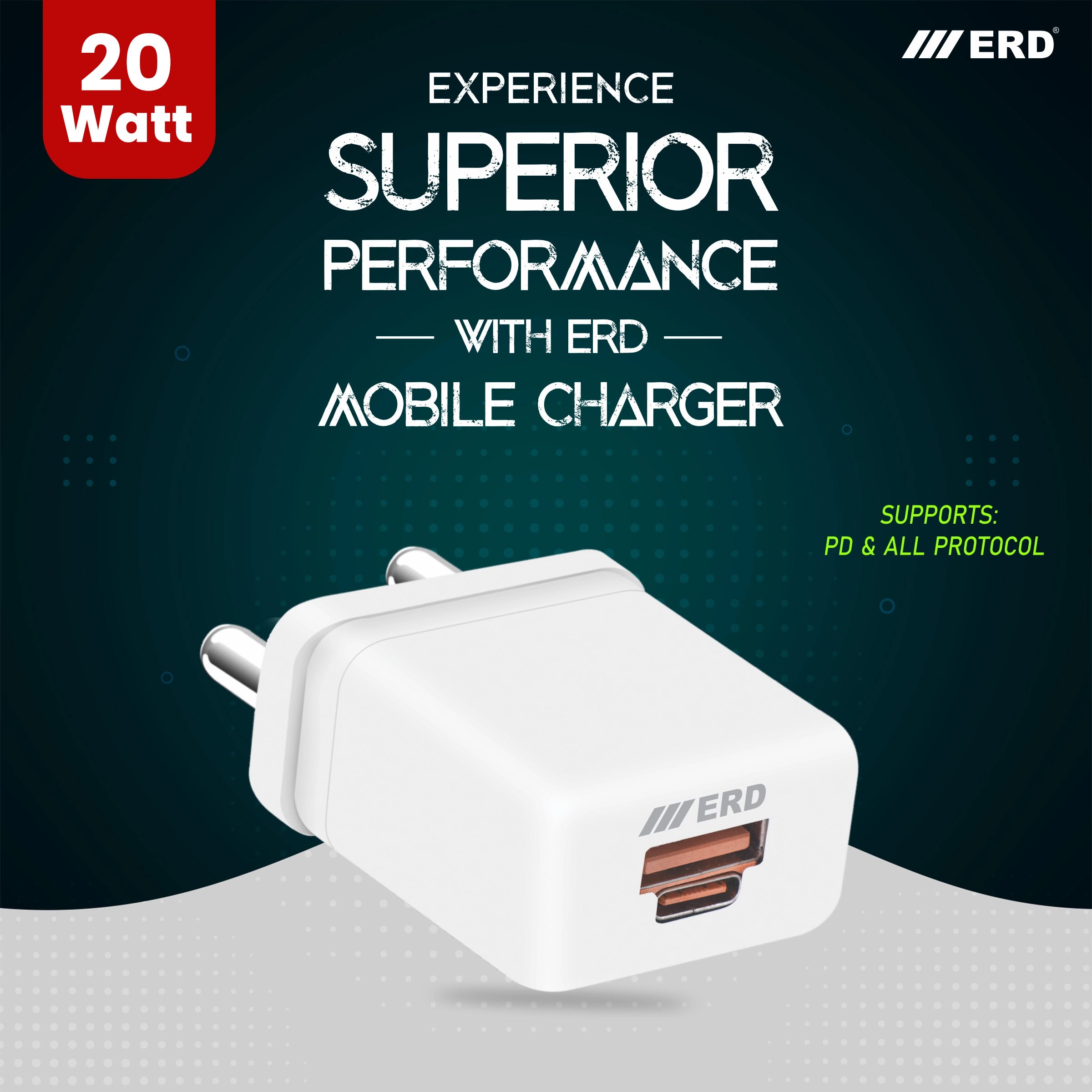 ERD mobile charger with text highlighting superior performance and compatibility on a dark background