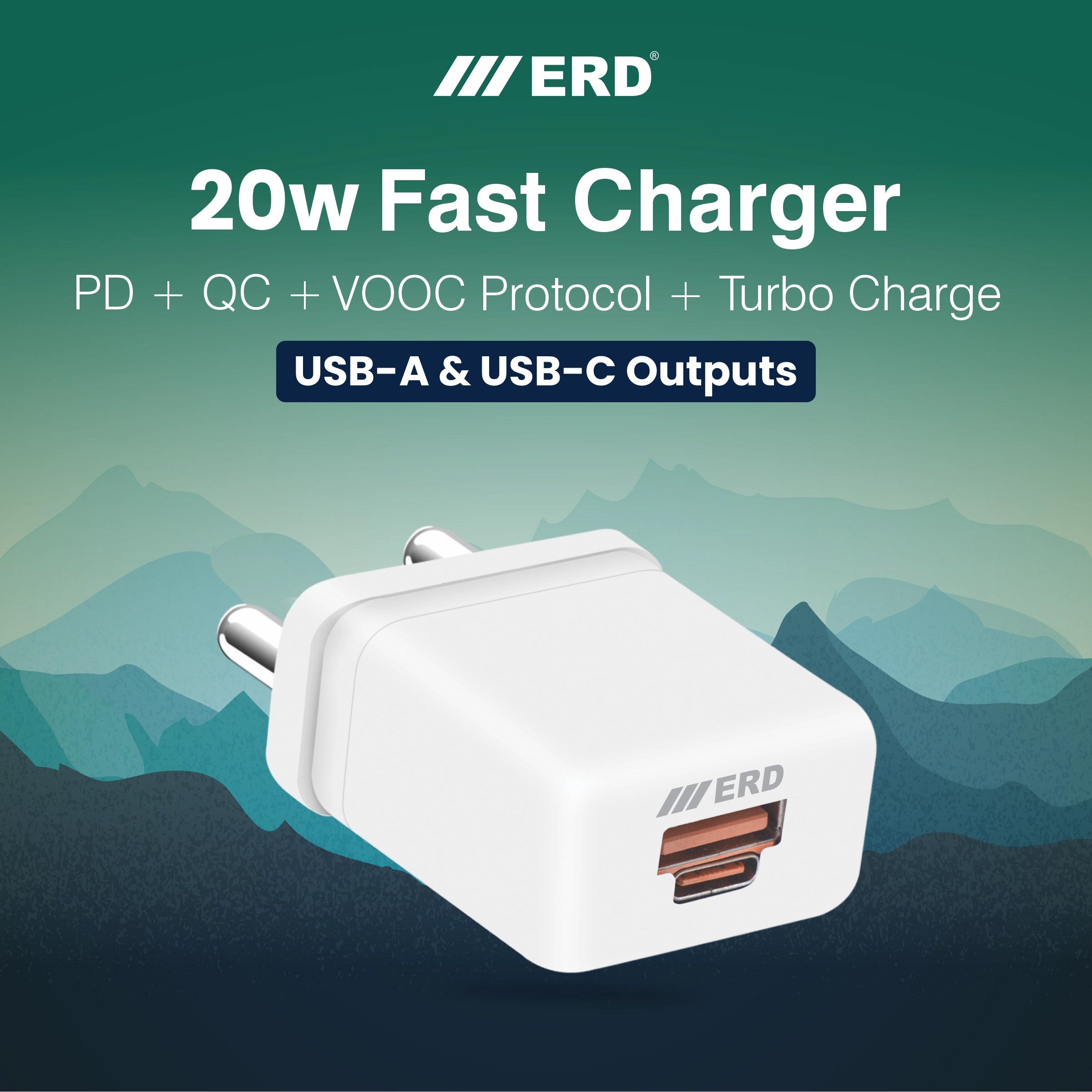 20w fast charger with USB-A and USB-C outputs on a scenic background, featuring the ERD brand.