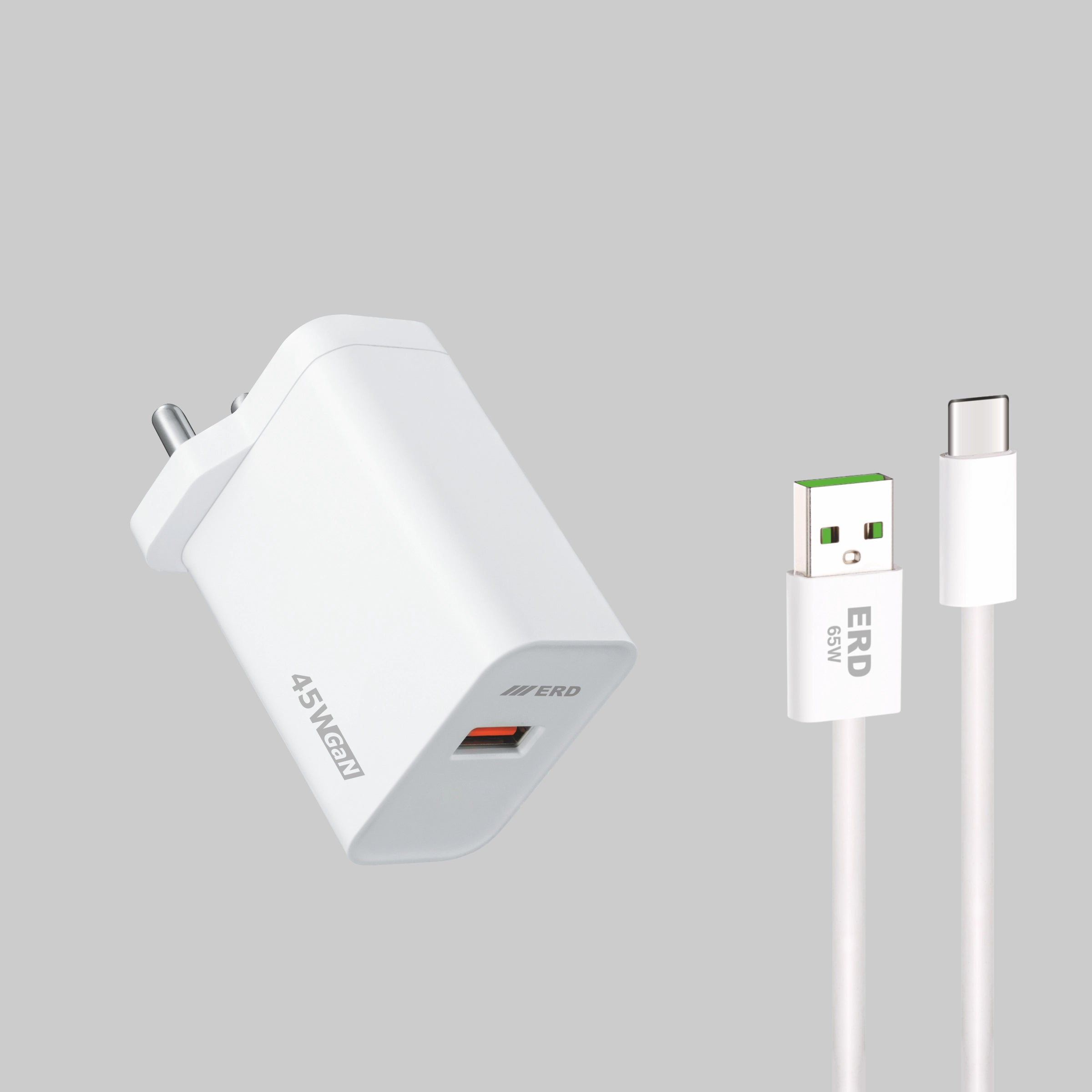 White USB charger and cable on a gray background