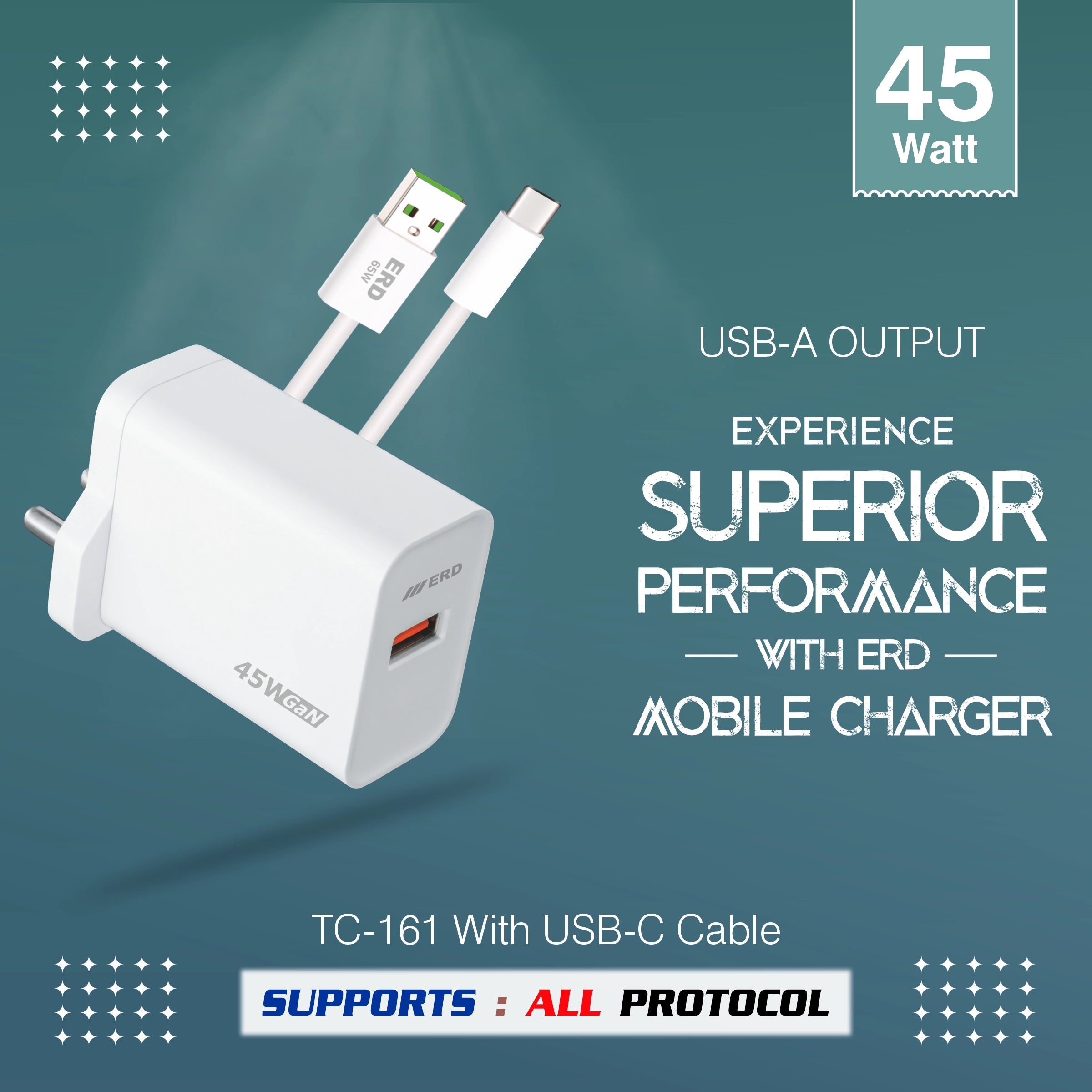 White USB charger with cable on a dark green background, featuring text about performance and compatibility.