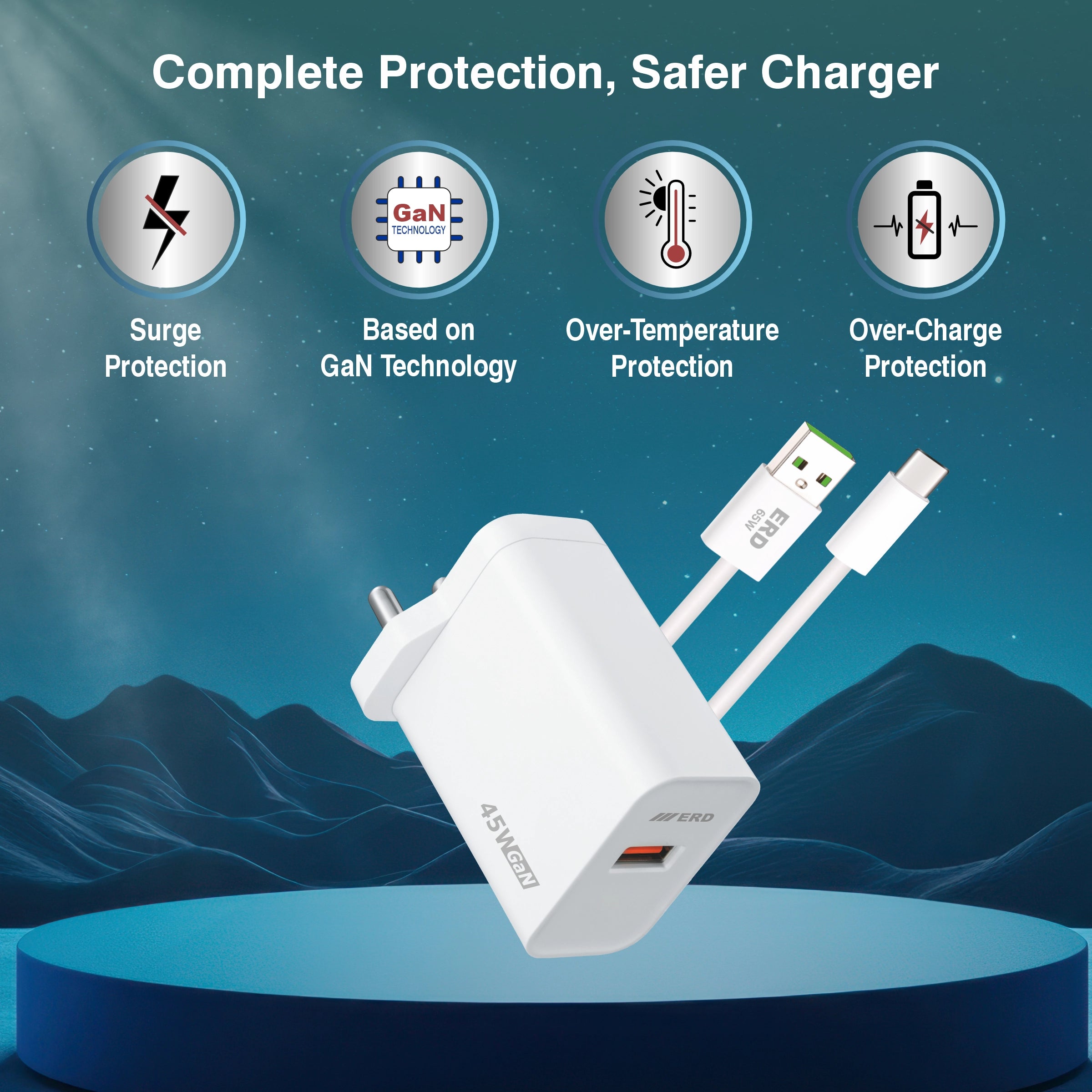 White charger with USB-C cable on a blue platform against a dark blue background with mountain silhouette