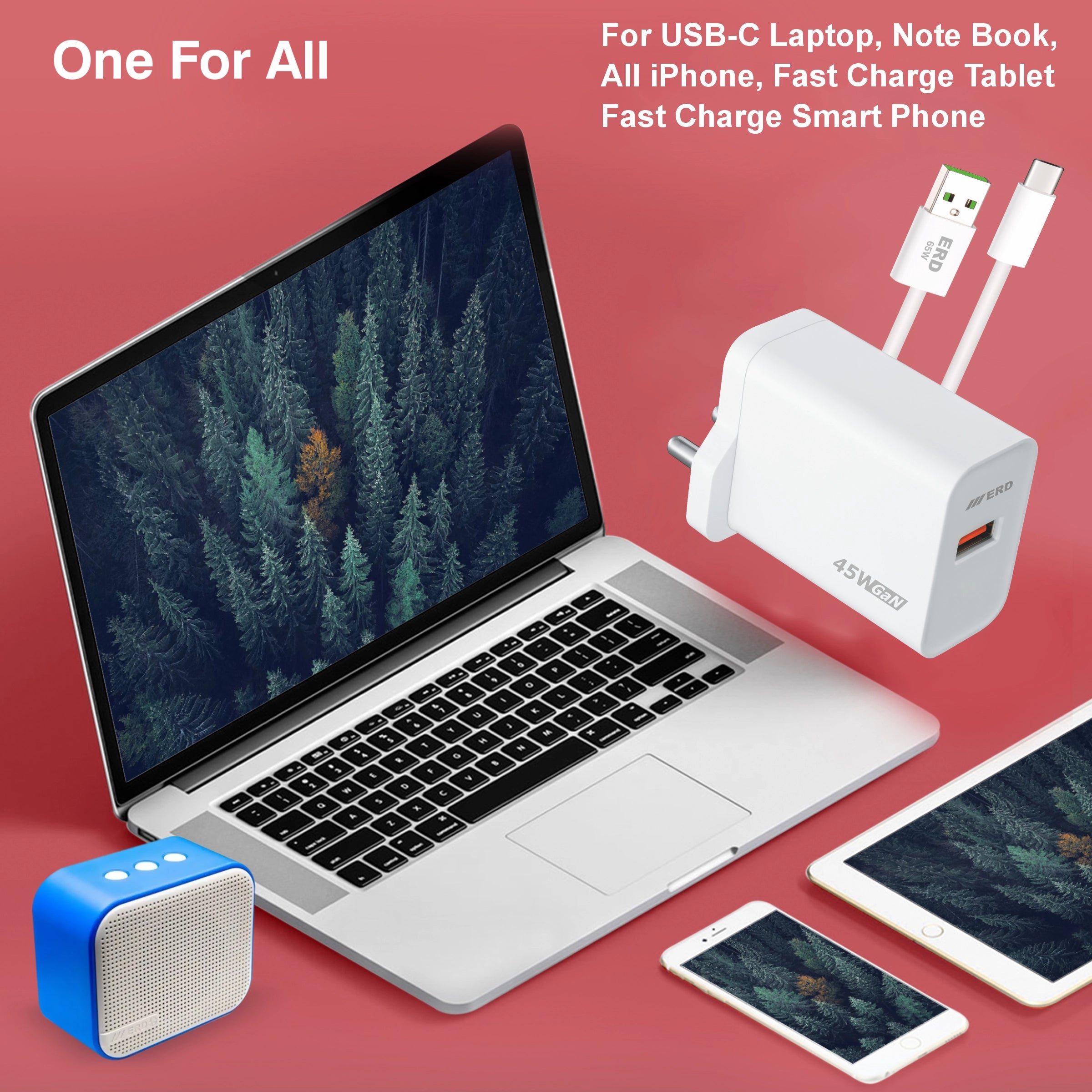 Laptop, smartphone, tablet, and speaker with charging adapter on a red background