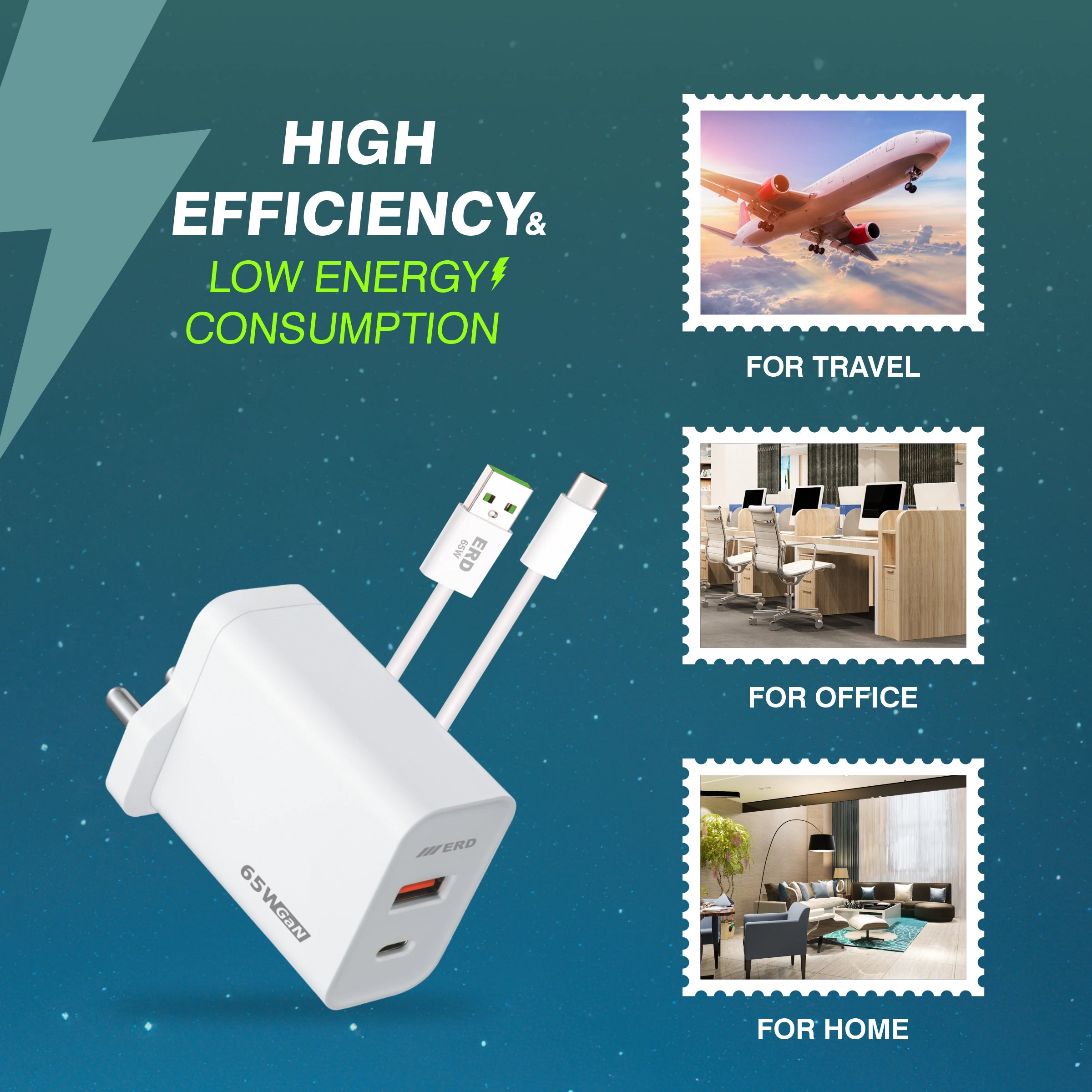 White power adapter with USB cable on a blue background with text about efficiency and usage scenarios.