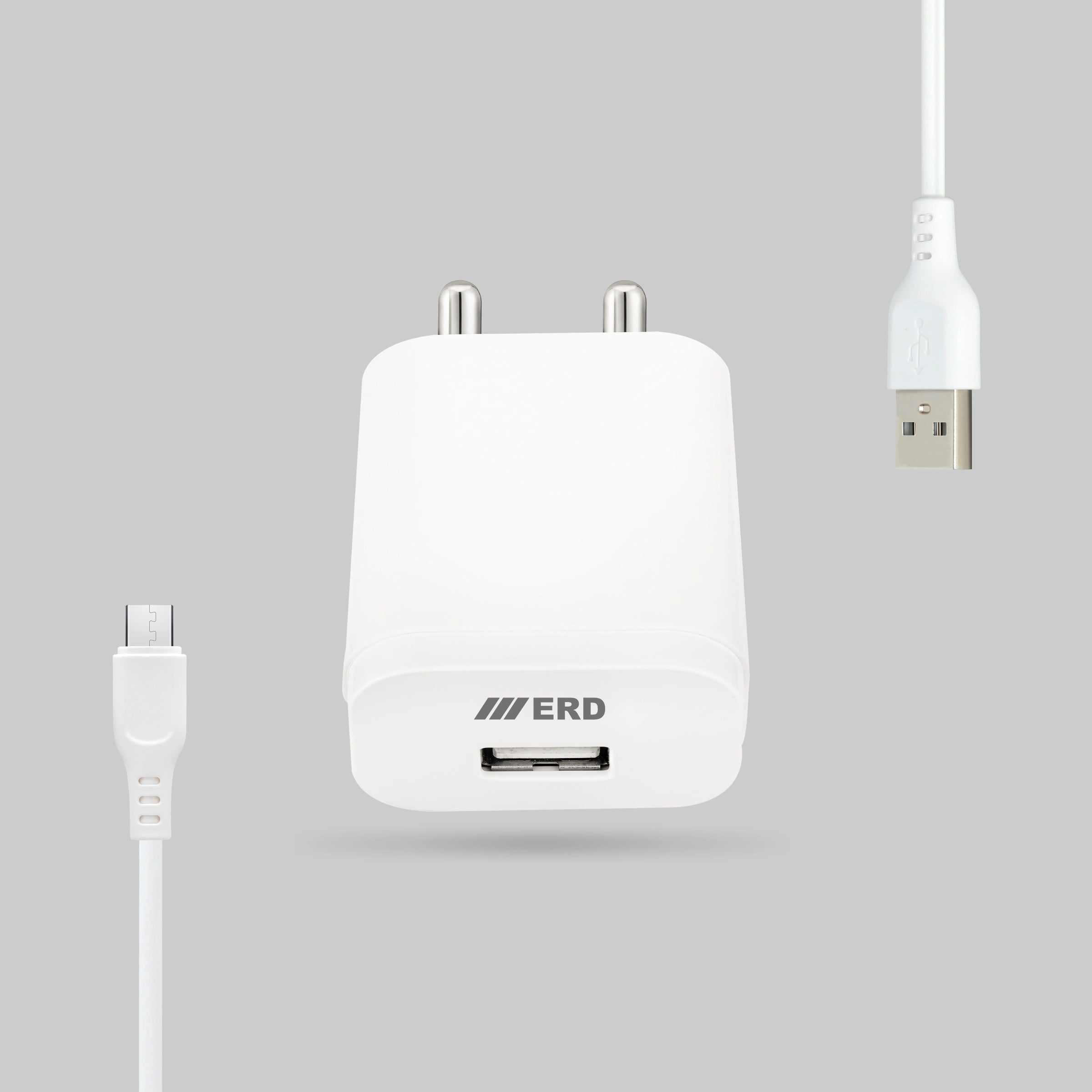 White USB charger with multiple connectors on a gray background