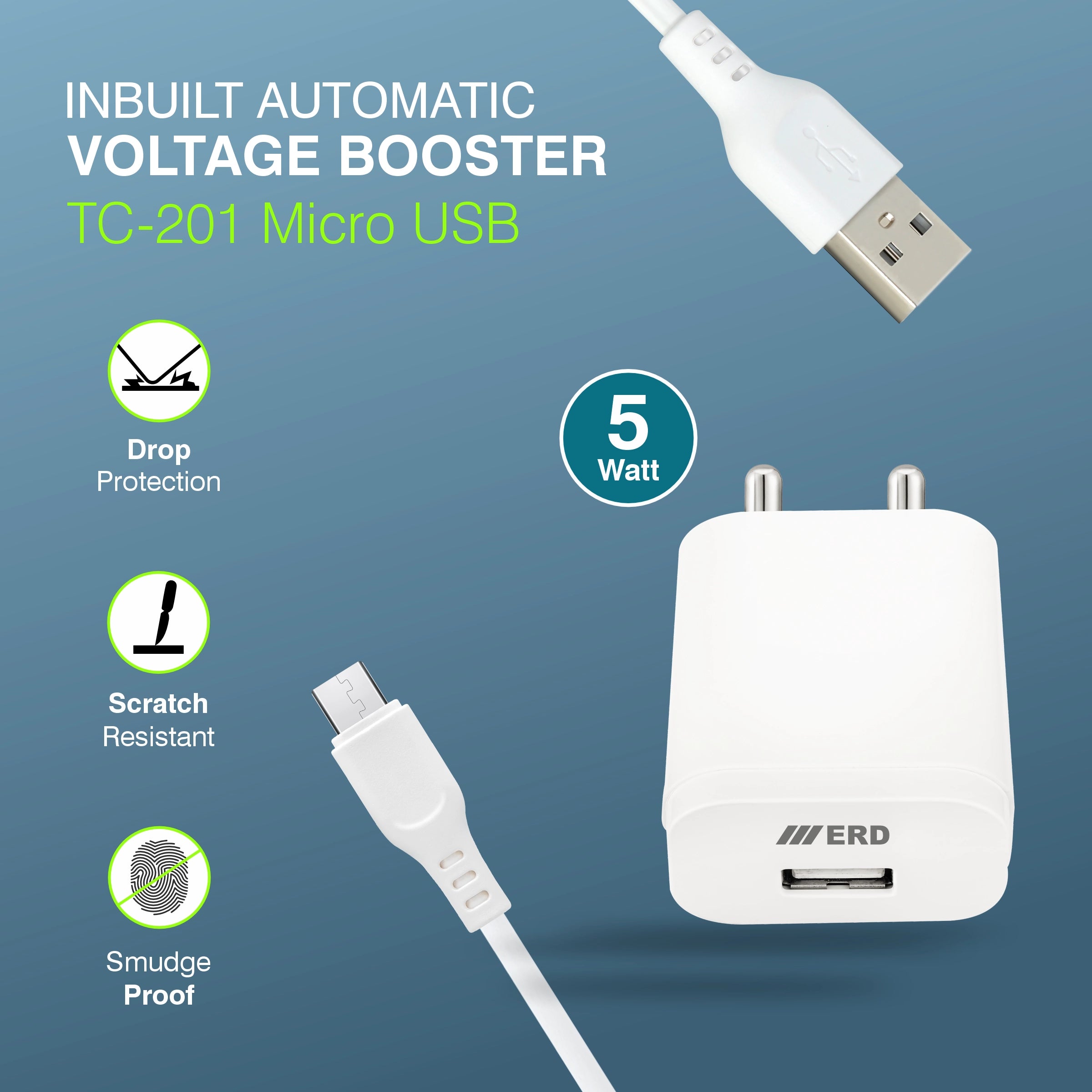 White USB charger with Micro USB cable on a blue background, featuring text and icons indicating features like drop protection, scratch resistance, and smudge proof.