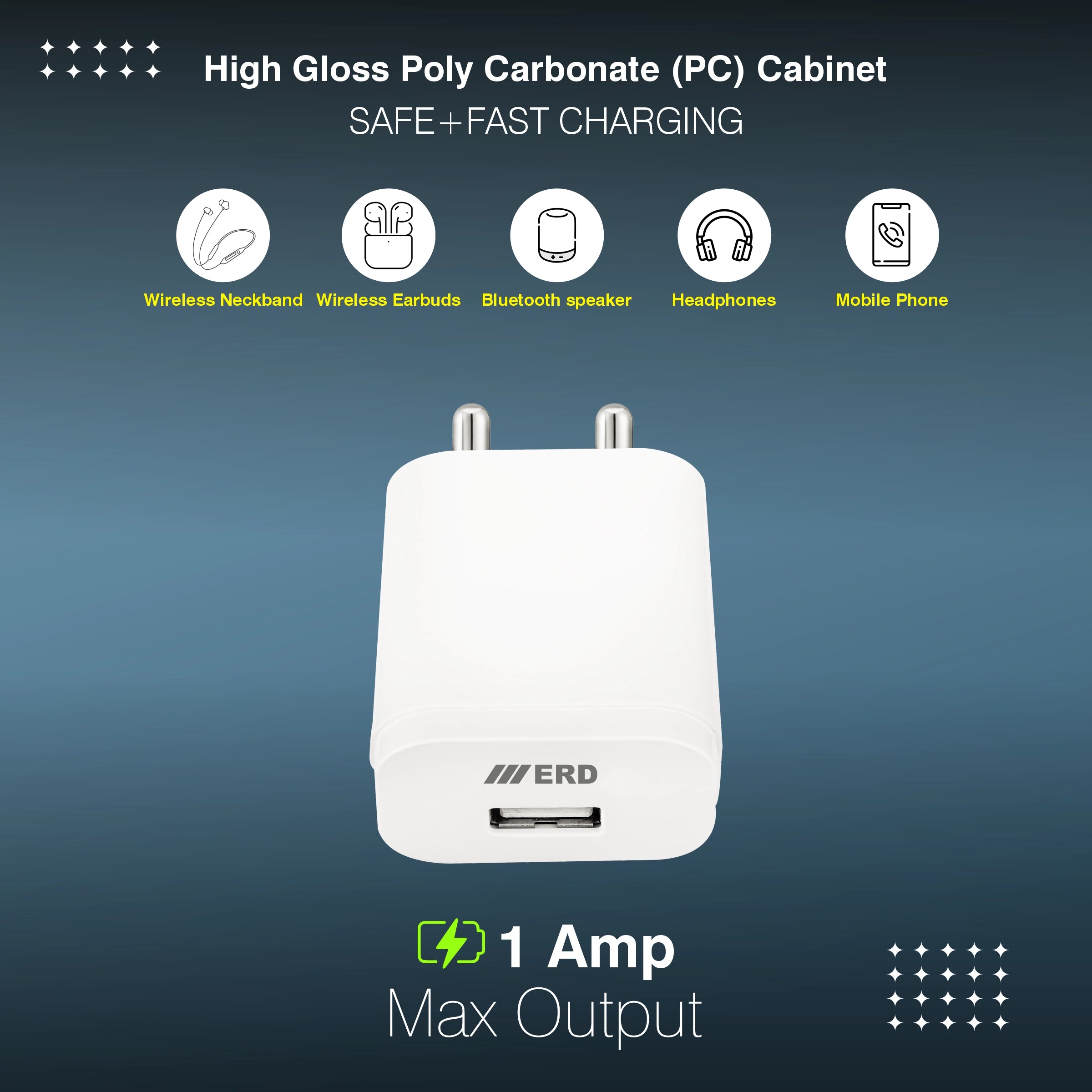 White charging adapter with ERD branding on a blue background, featuring icons and text about safe and fast charging.