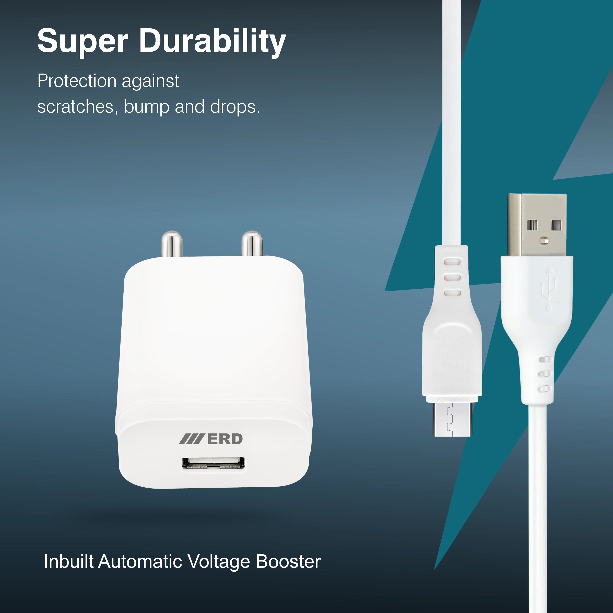 White charging adapter and cable with ERD branding on a blue background