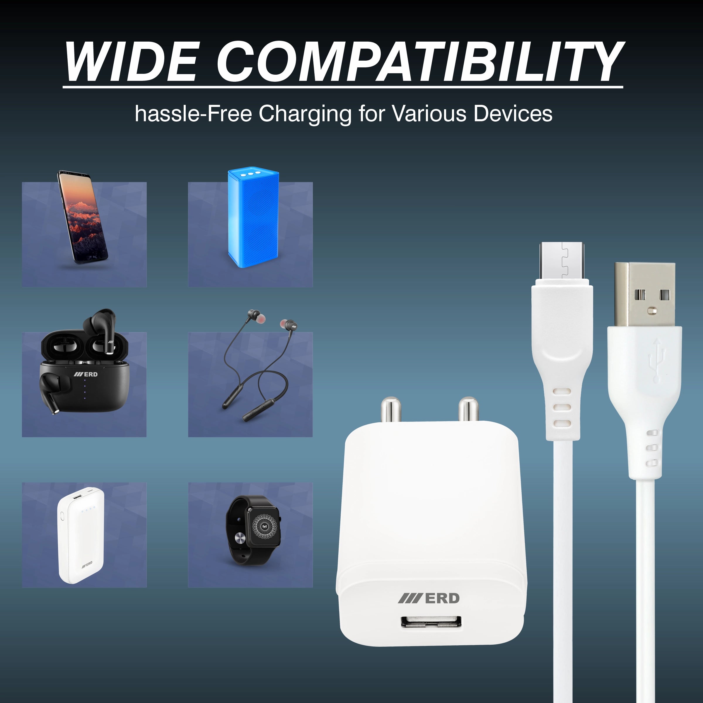 Charging adapter and cable with compatibility for various devices on a gradient blue background